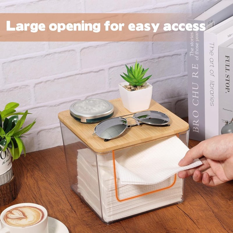 Acrylic Face Towel Holder - Upgrade Large Disposable Facial Towels Storage Box with Bamboo Lid | Bathroom Vanity Organizer