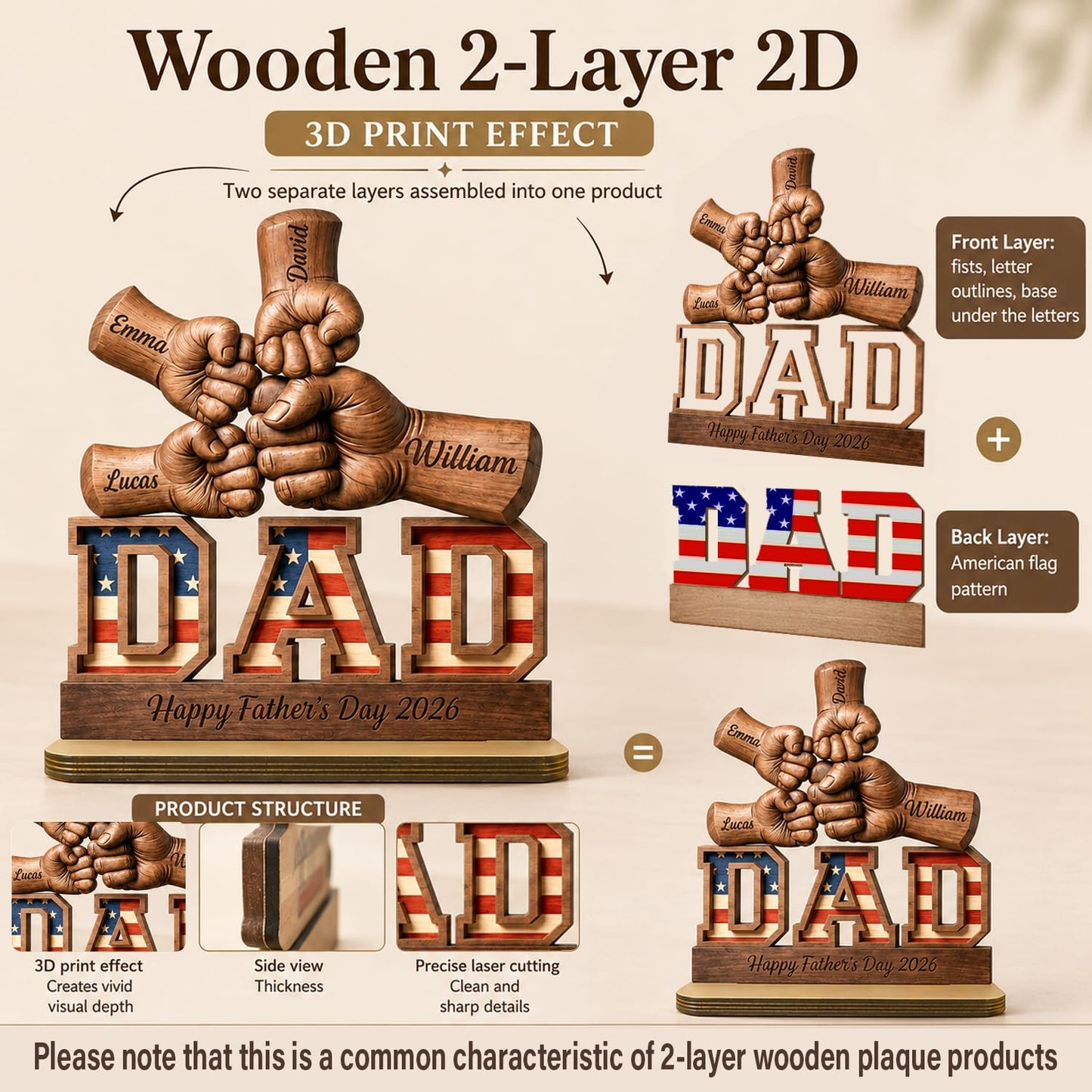 Personalized Fist Bump Papa and Kids Name Wooden Plaque, Custom Fathers Day Plaque for Dad Grandpa, Customized Sign Decorations for Daddy, Grandpa, Heartfelt Father's Day Birthday Gifts for Husband