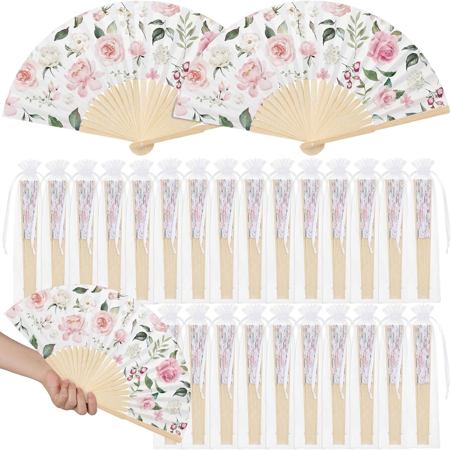 Wildflower Folding Hand Fan Set - 25 Vintage Paper Fans with Organza Bags | Perfect for Weddings & Tea Parties