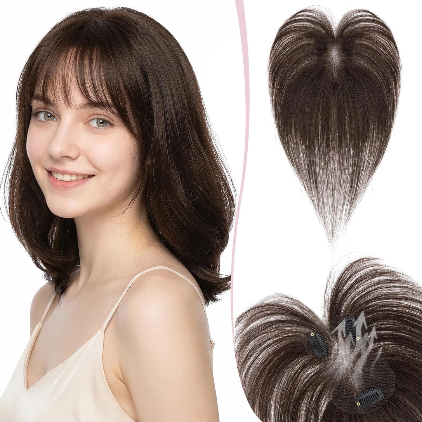 Real Human Hair Toppers for Women - Hand-Tied Clip-In Hairpieces with Side Bangs | 11-Inch Dark Brown