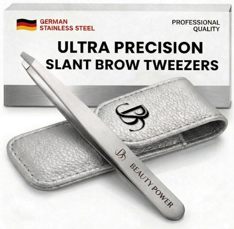 Professional Slant Tweezers - Ultra Precision German Stainless Steel for Eyebrow & Facial Hair Removal | Durable Gray Case