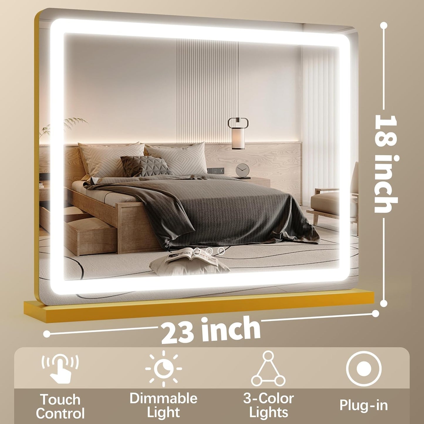 FENNIO LED Vanity Mirror with Lights - 23" x 18" Hollywood Makeup Mirror | 3 Color Modes & Adjustable Brightness, Gold Finish