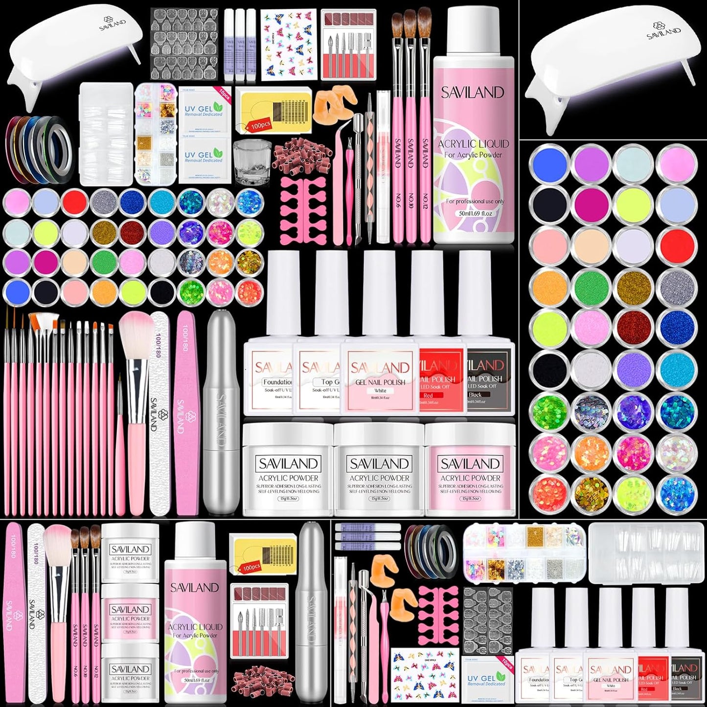 Acrylic Nail Kit with Drill & UV Light - Clear, Pink, Black & Red Powder & Gel Polish for DIY Nail Art
