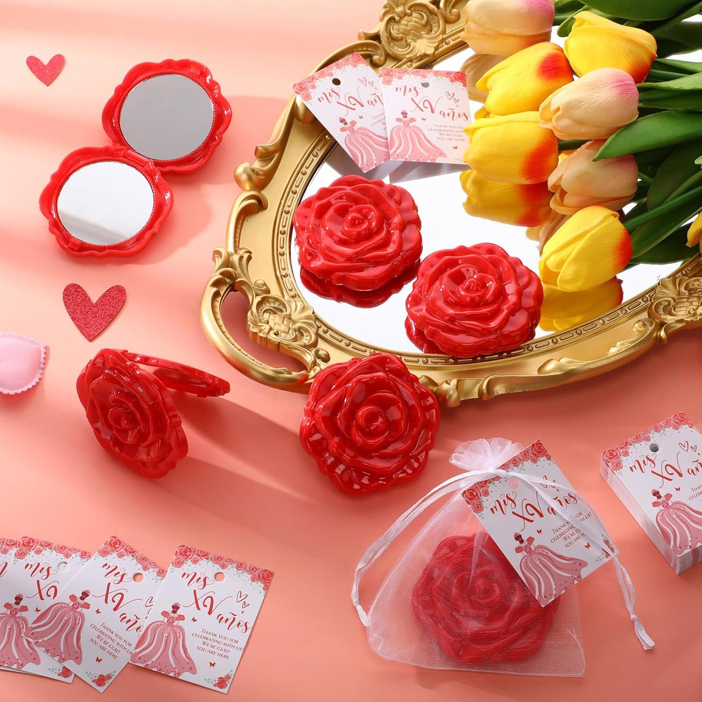 Quinceanera Party Favors - 50 Sets Rose Design Pocket Mirrors | Thank You Cards & Organza Bags (Red)