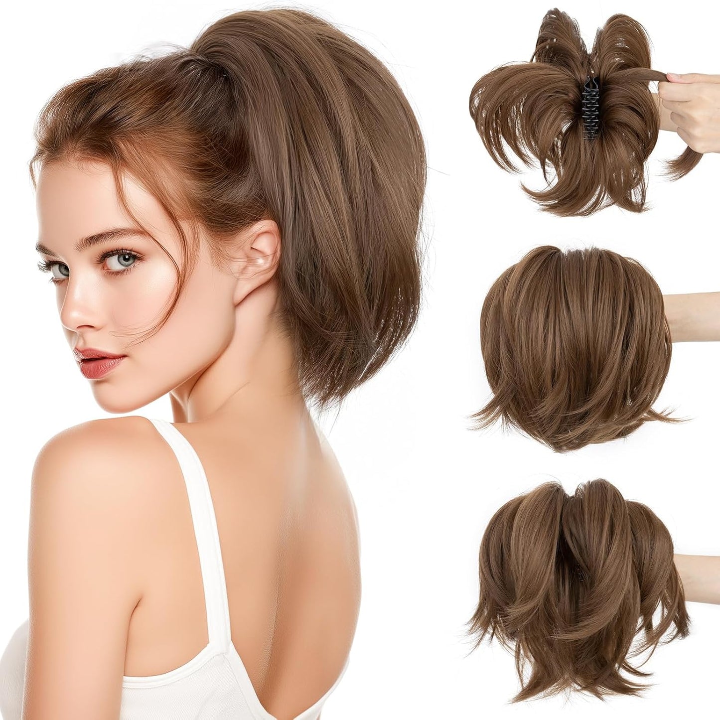 Claw Clip Short Ponytail Hair Extensions - Messy Bun Hair Piece for Women | DIY Bendable Synthetic Hair #12 Light Chocolate Brown