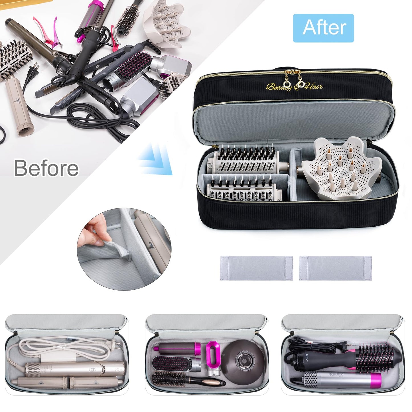 ELCUPA Double-layer Hair Tools Travel Case with Black Hair Dryer Bag with Detachable Divider compatible with Shark FlexStyle/SmoothStyle - Flat Curling Iron Travel Organizer