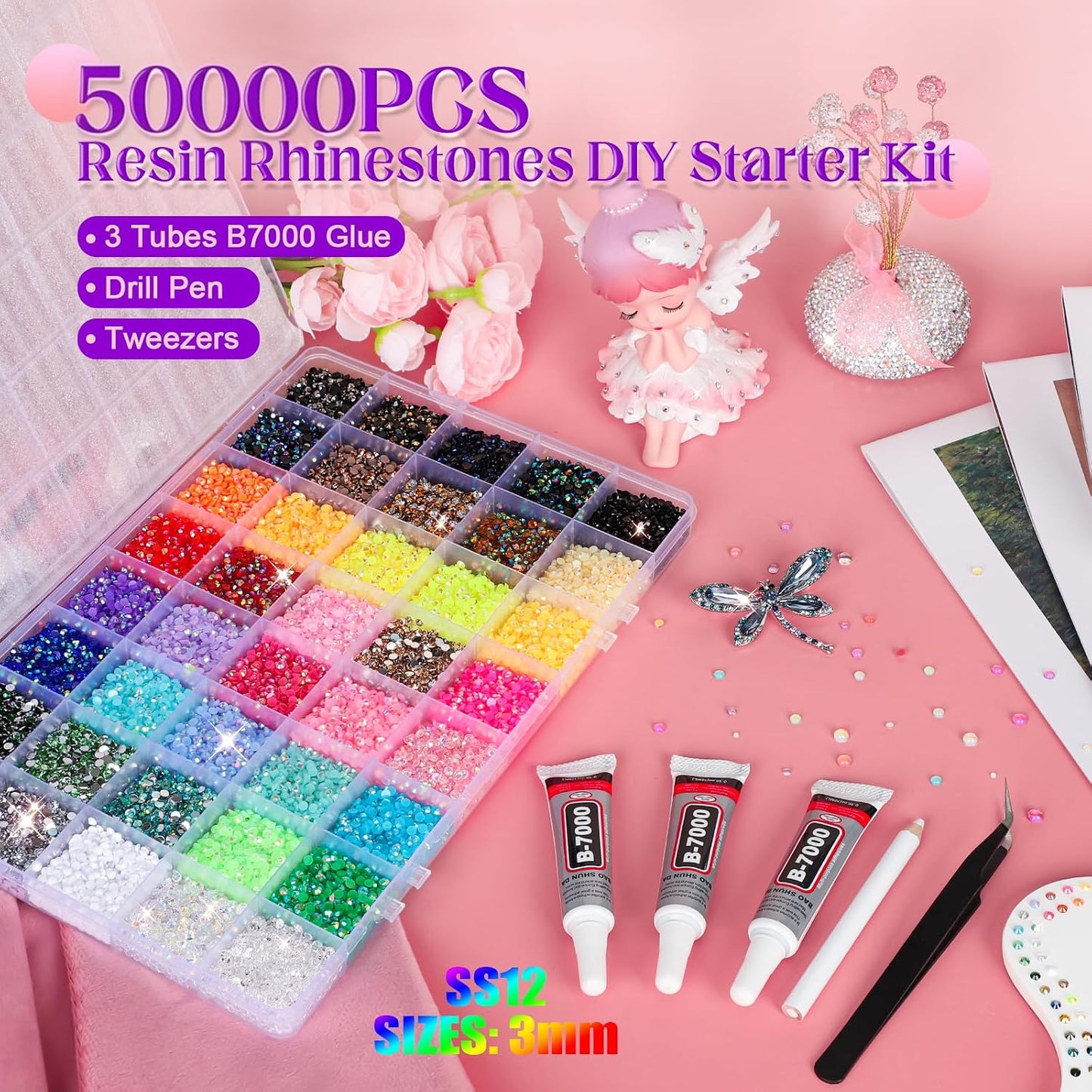 Bedazzling Kit - 50000 Pcs Jelly Rhinestones for Crafting | 40 Colors, 3mm Flatback Gems, Glue & Tools Included