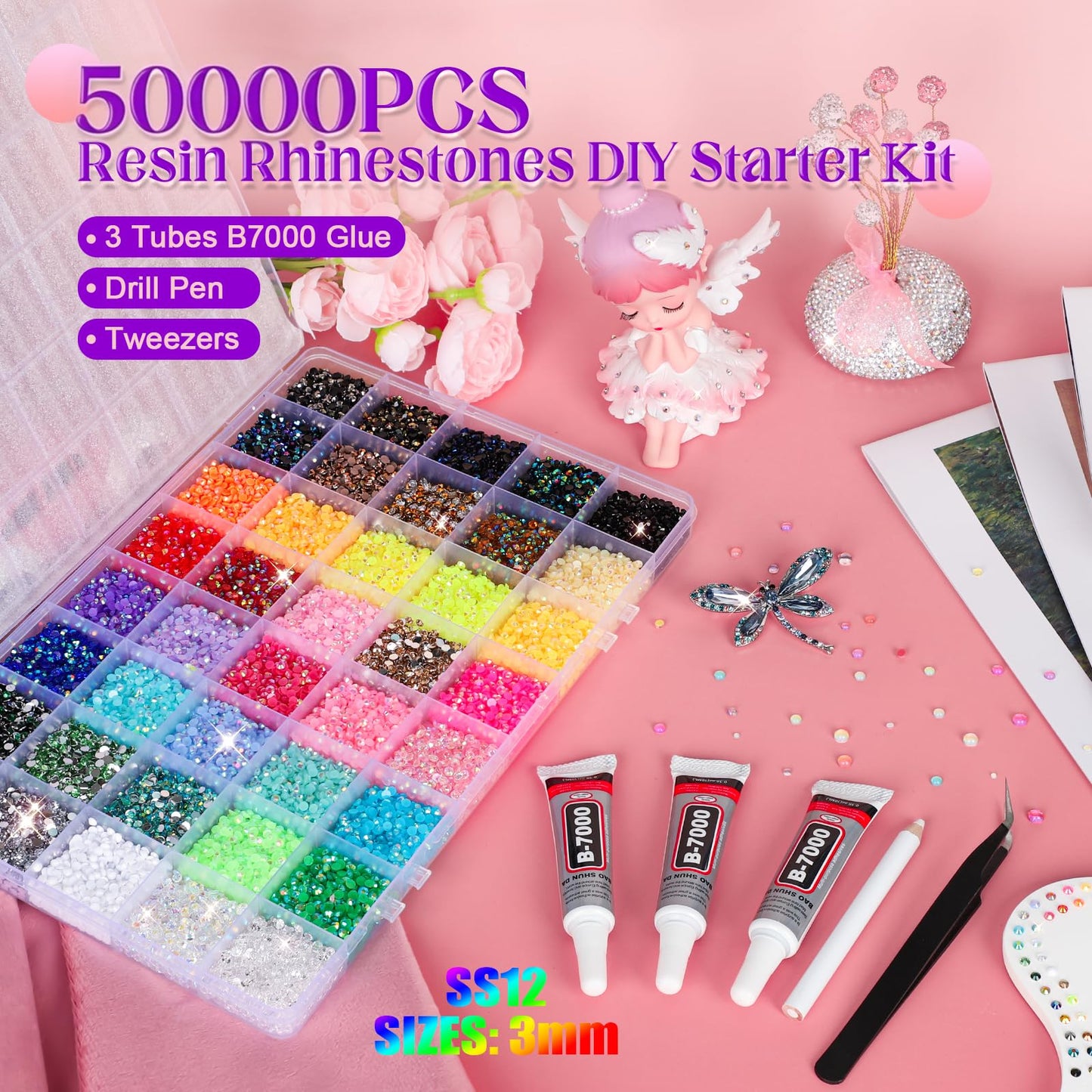 Bedazzling Kit with 50000Pcs Rhinestones, Jelly Rhinestones for Bedazzling, 40 Colors 3mm Resin Flatback Gems with 3Pcs 10ml B7000 Glue, Tweezers & Pickup Pen for Crafting Tumblers Book Nail Art