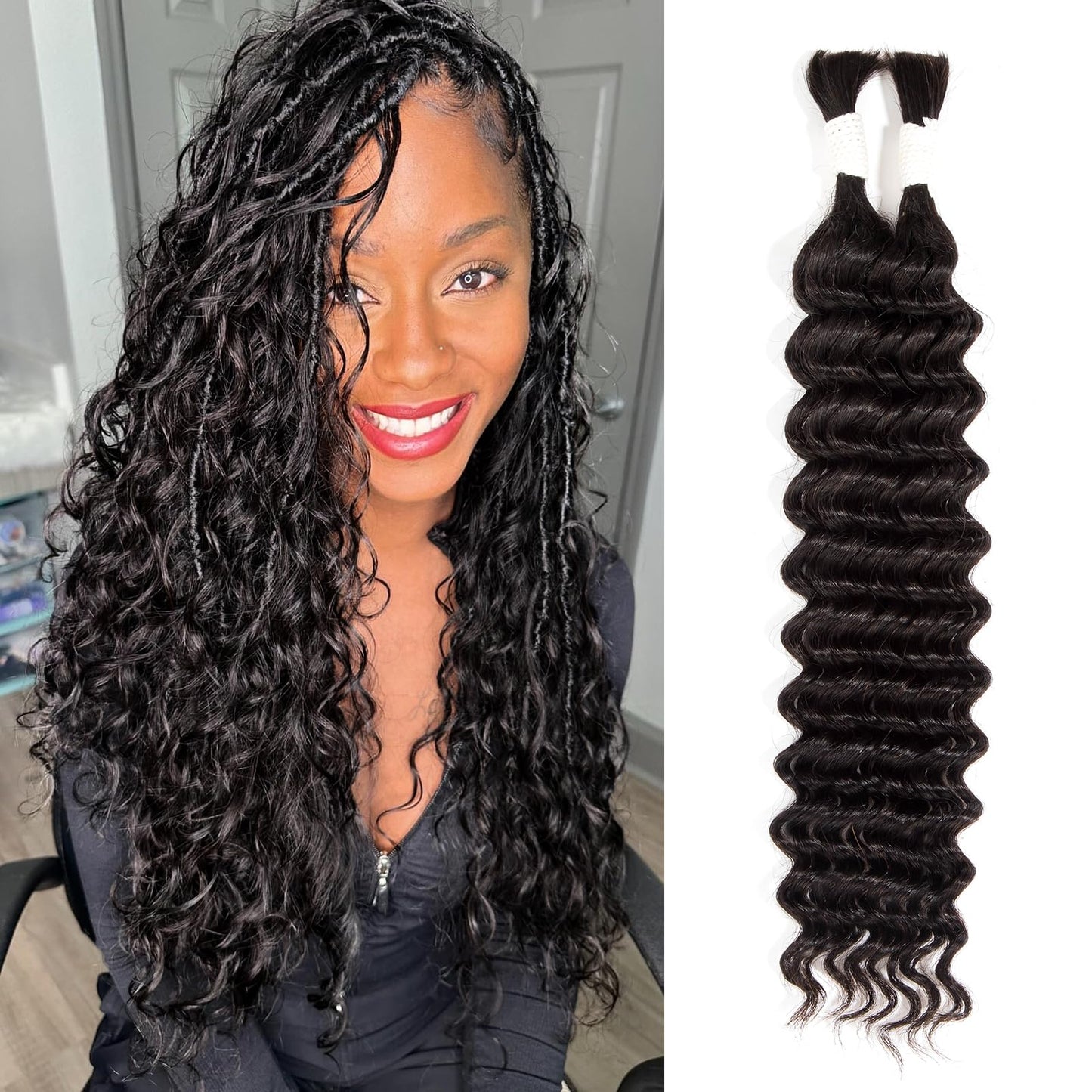 Human Braiding Hair for Boho Braids Deep Wave, Boho Human Hair for Braiding Curly, Human Hair Braiding Hair for Black Women, Natural Color, 16 Inch 50g-2 Bundles in One
