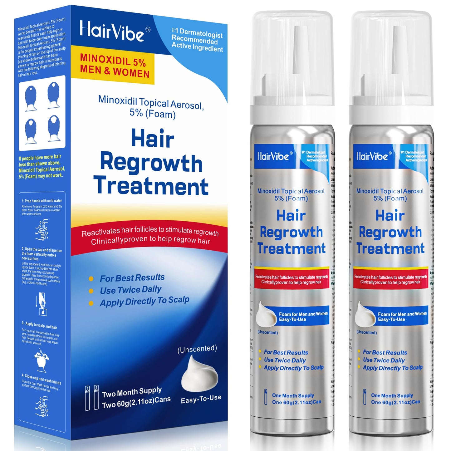 HairVibe 5% Minoxidil Foam, Hair Regrowth Treatment for Men & Women, 2-Pack