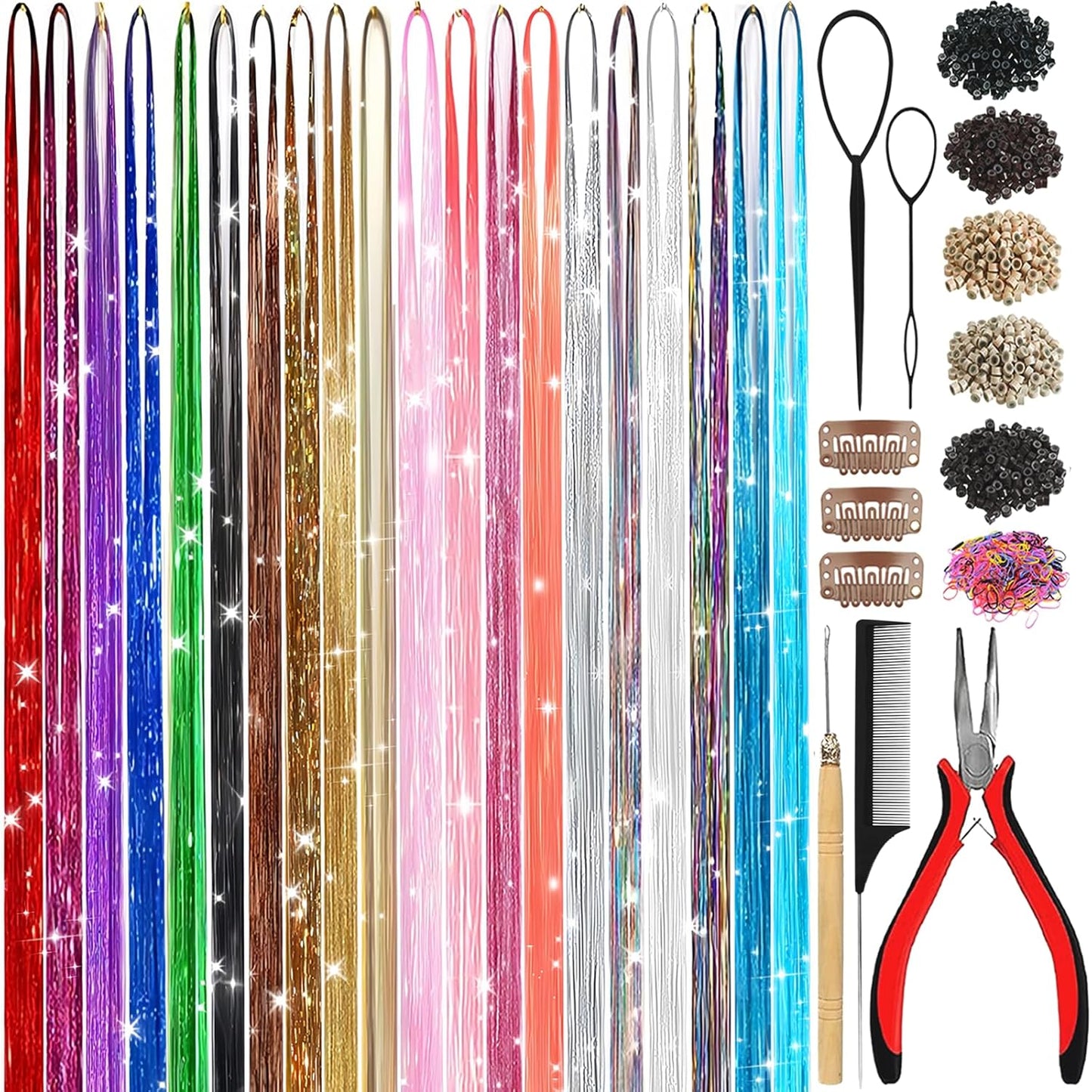Hair Tinsel Kit - 18 Colors Holographic Hair Extensions | Heat Resistant Fairy Tinsel for Festivals & Parties