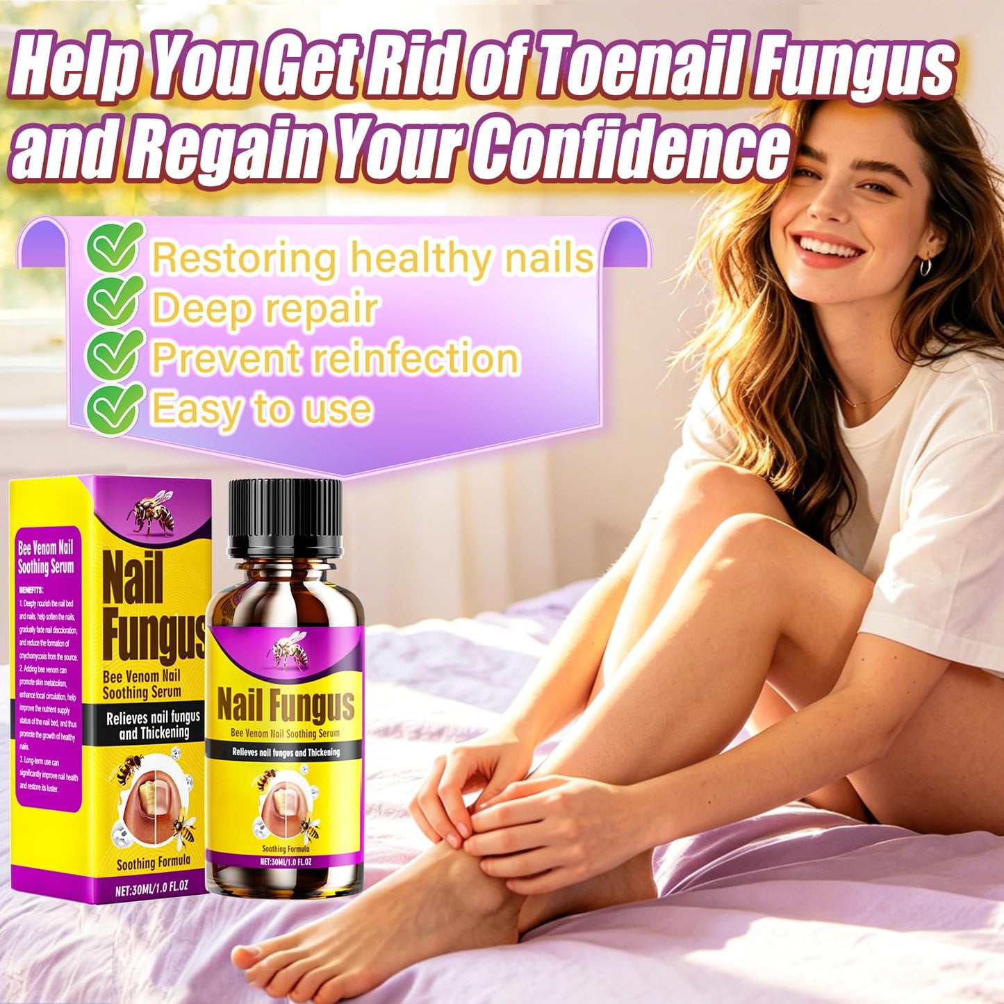 Toenail Fungus Treatment Extra Strength, Nature & Safe Bee Venom Nail Fungus Treatments for Toenail with Foot, Gently & Effectively Toe Nail Repair for Thick, Broken (30ml)