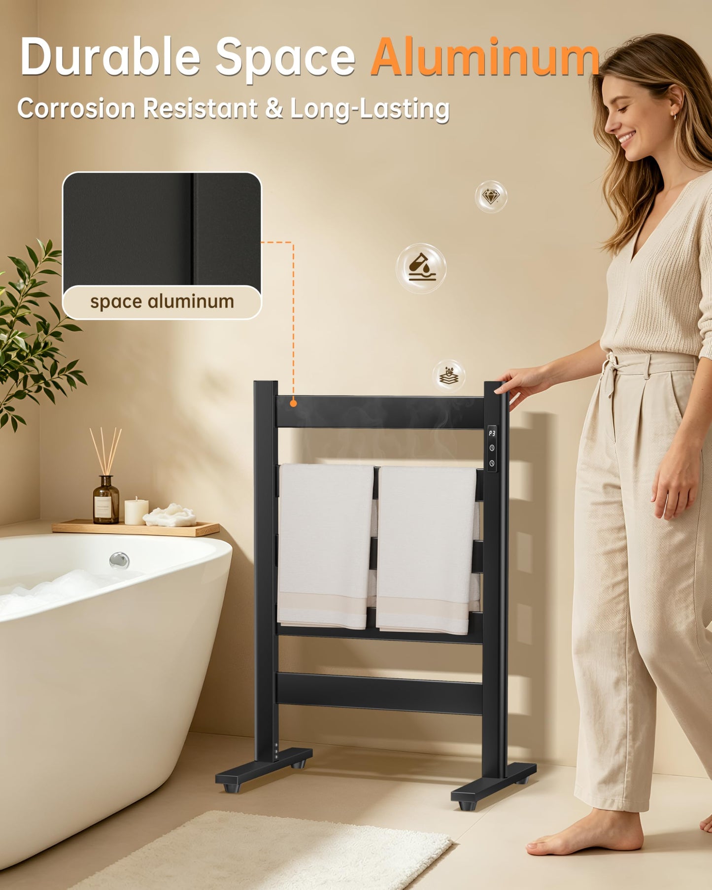 Sawlece Freestanding Towel Warmer – 5-Bar Heated Towel Rack with Timer & Adjustable Temperature, Space Aluminum, Rust-Resistant, Fast Heating in About 10 Minutes for Bathroom & Spa,Matte Black