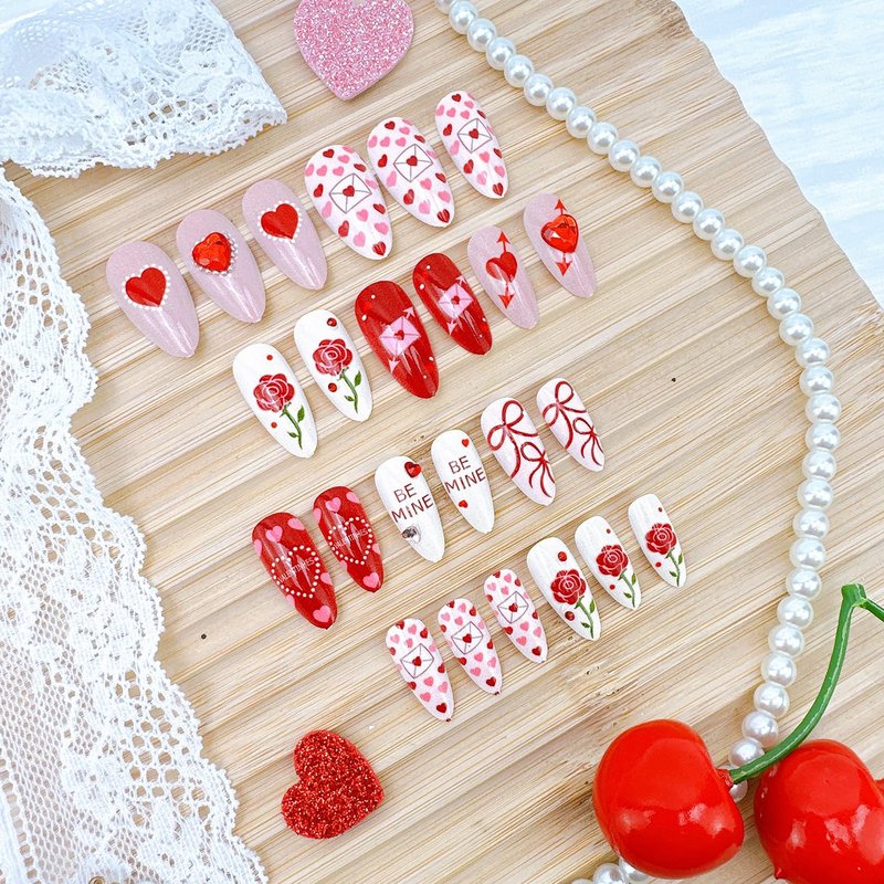 Valentine's Press-On Nails - 24 Pcs Medium Almond Acrylic with 3D Heart Pearl Rhinestones | Cute Rose Design