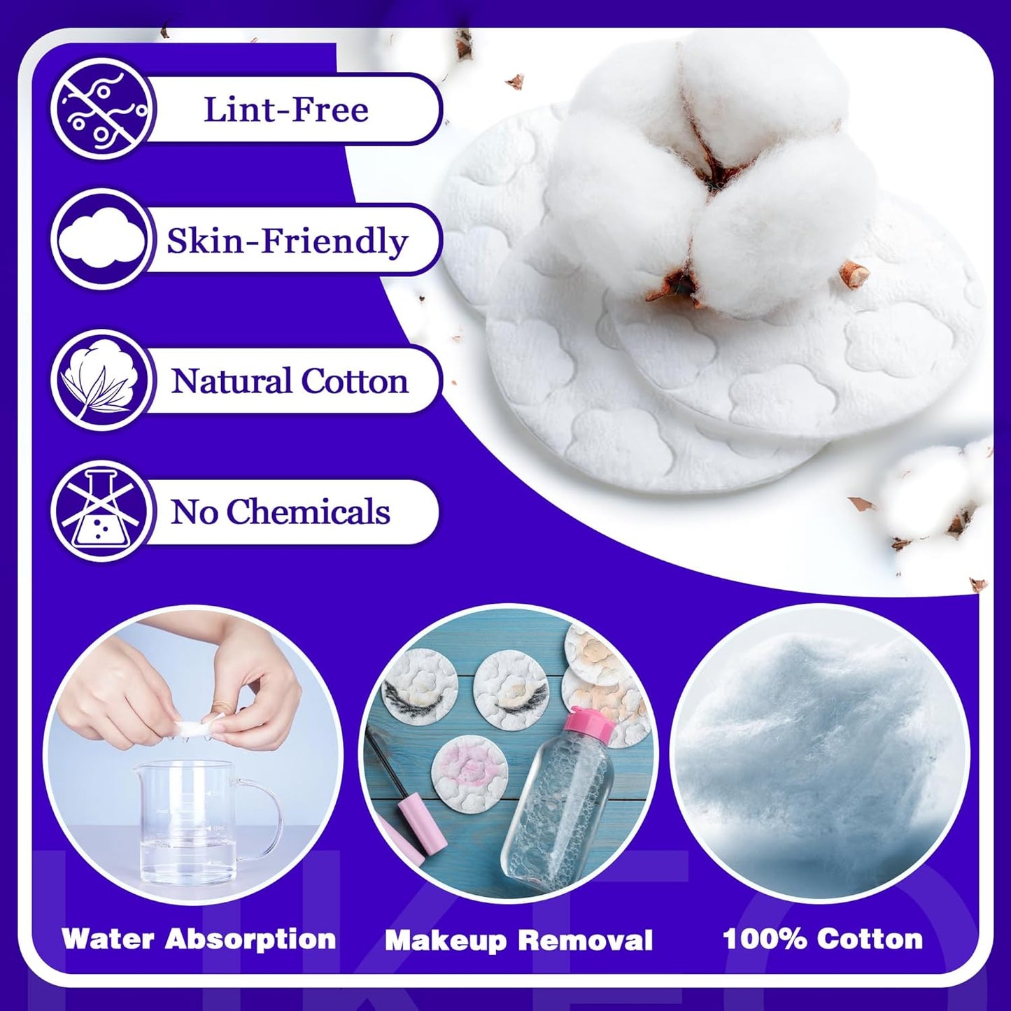 Premium Cotton Pads - Organic Round Makeup Remover Pads | Lint-Free, 300 Count