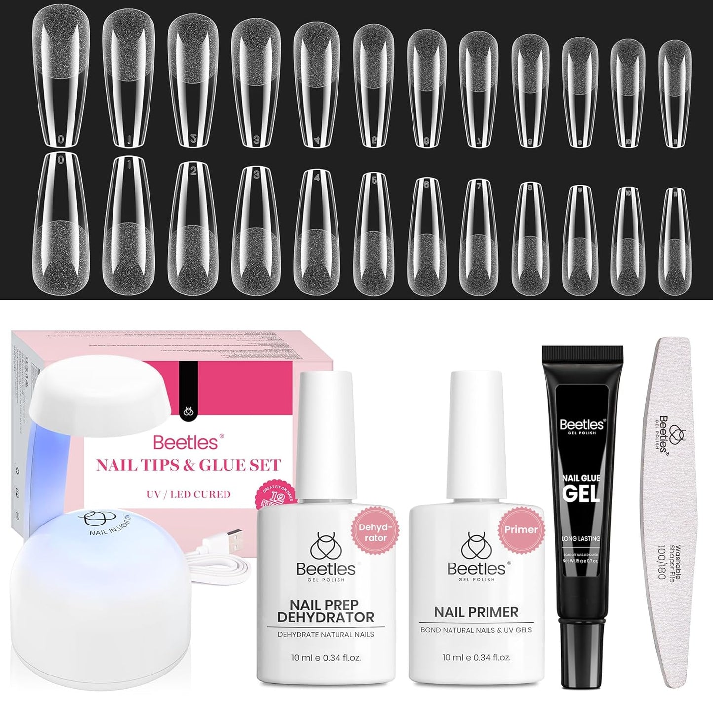 Beetles Gel Nail Kit - Medium Square Half Matte Gel Tips with Dehydrator & Primer | Easy DIY Acrylic Extension Set for Women