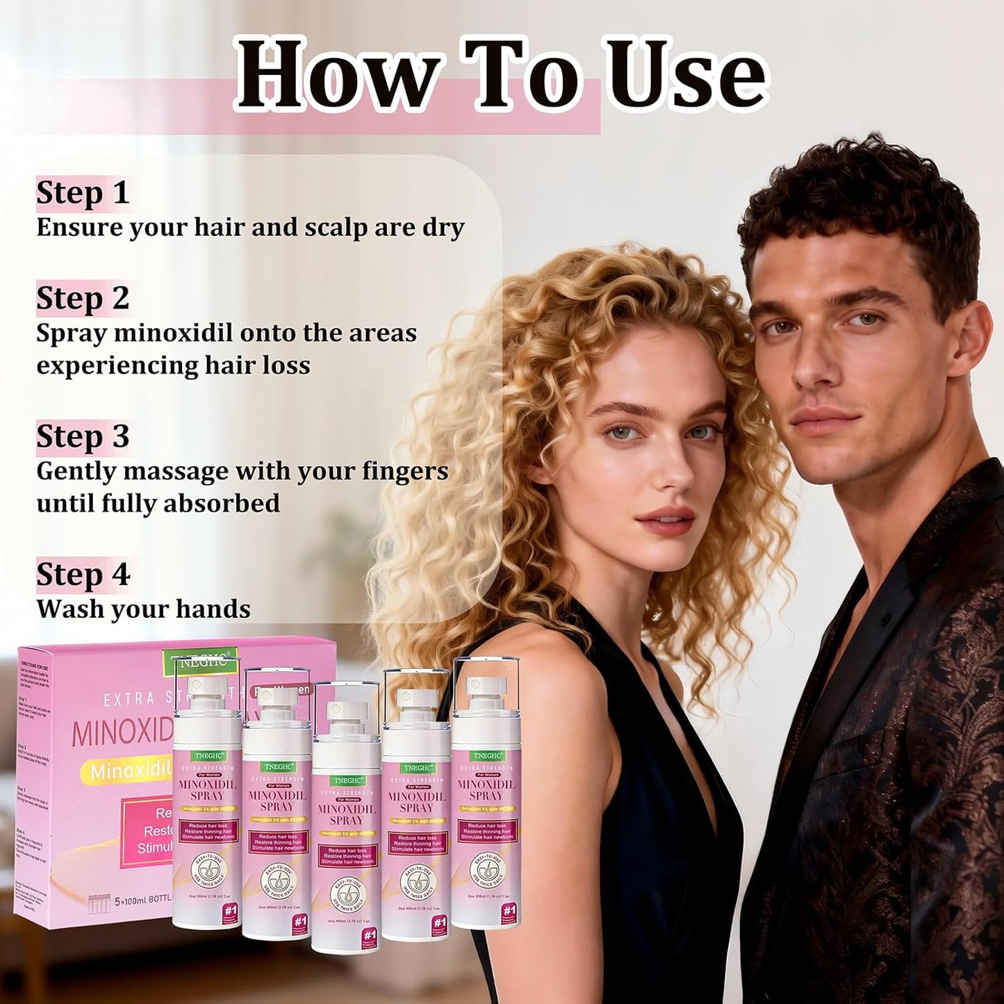 Minoxidil Spray for Hair Regrowth | Extra Strength Treatment with Biotin for Thinning Hair - 5 x 3.38 OZ (8-9 Month Supply)