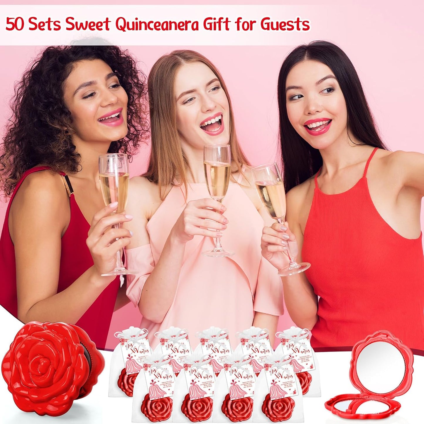 Quinceanera Party Favors - 50 Sets Rose Design Pocket Mirrors | Thank You Cards & Organza Bags (Red)