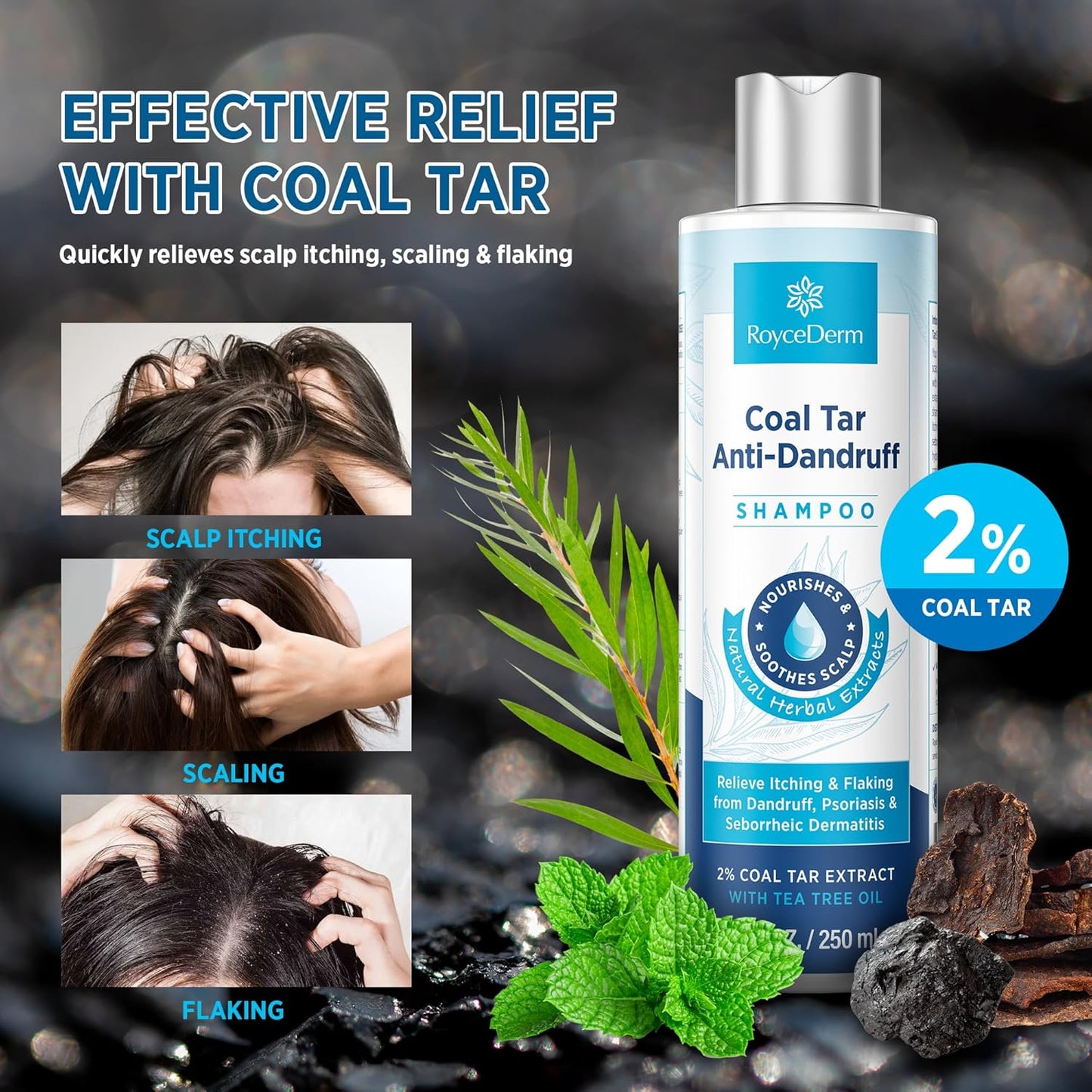 RoyceDerm Dandruff Shampoo - Extra Strength 2% Coal Tar Gel for Rapid Scalp Relief | Hydrating & Natural Fragrance