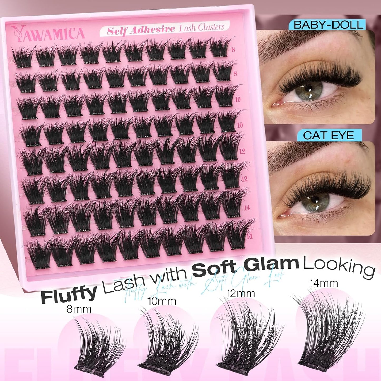 Self-Adhesive Lash Clusters - Fluffy Wispy Eyelash Extensions | No Glue Needed, 8-14mm D Curl Faux Mink Individual Lashes