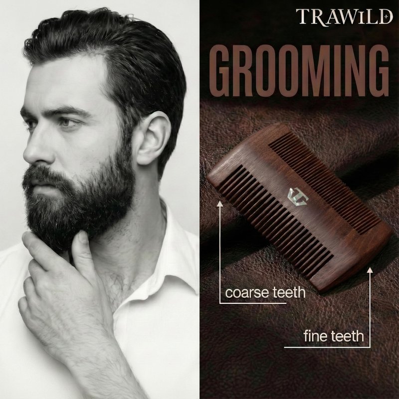 TRAWILD Sandalwood Beard Comb for Men with Mother of Pearl Inlay, Premium Grooming Wood & Wooden Comb for Beard and Mustache