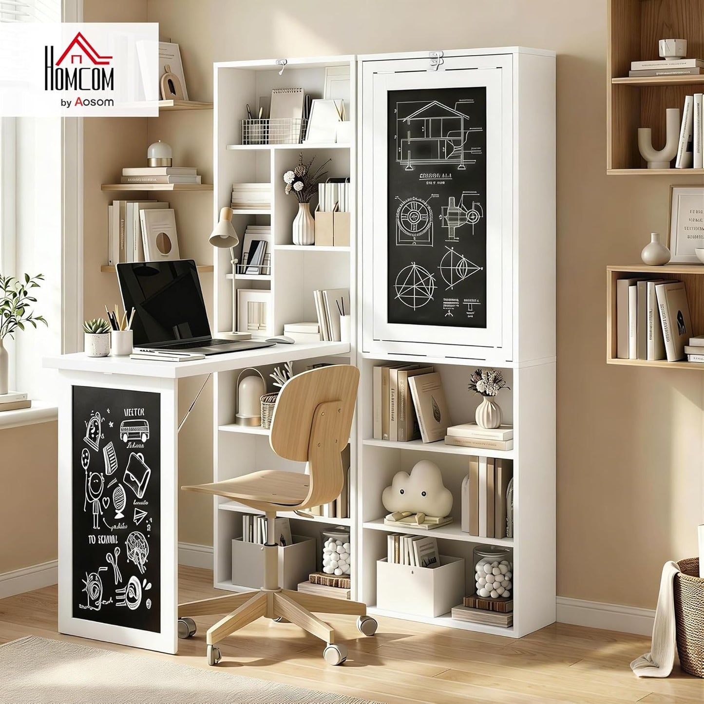 Convertible Writing Table - Foldable Wall-Mounted Computer Desk with Storage Shelves | Space-Saving Design for Small Spaces, White