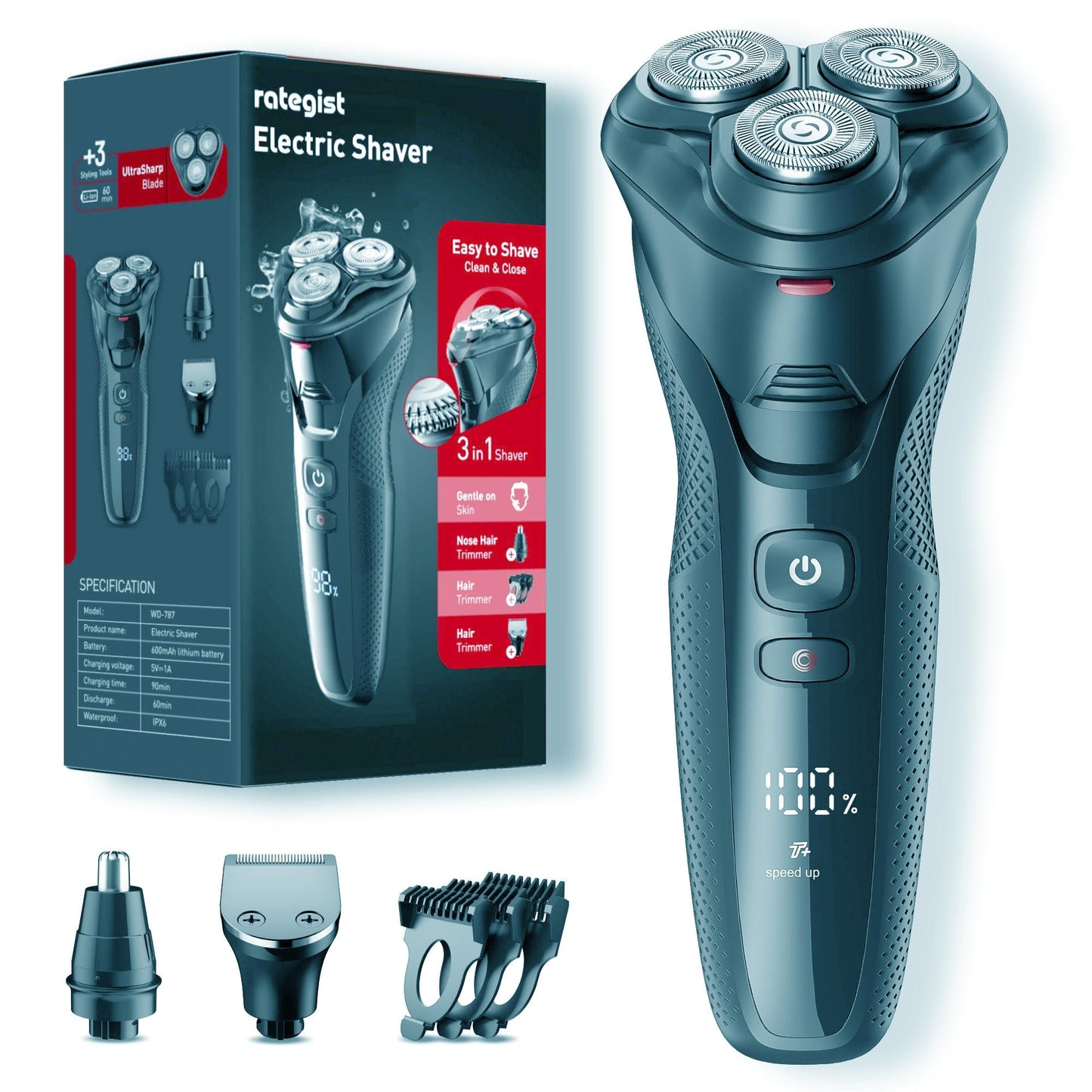 rategist 3-in-1 Electric Razor for Men: IPX7 Waterproof Razors for Men - USB-C Rechargeable, Precision Floating Blades - Wet Dry Shaving, Travel Kit, Beard, Nose & Sideburns