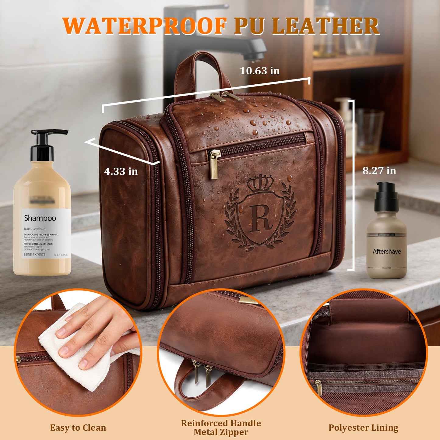 Aganmi Personalized Graduation Gifts for Men Large Leather Travel Toiletries Bag Hanging Shaving Dopp Kit, Birthday Gifts for Uncle Brother Best Friend Male Son Adult Cognac Letter R