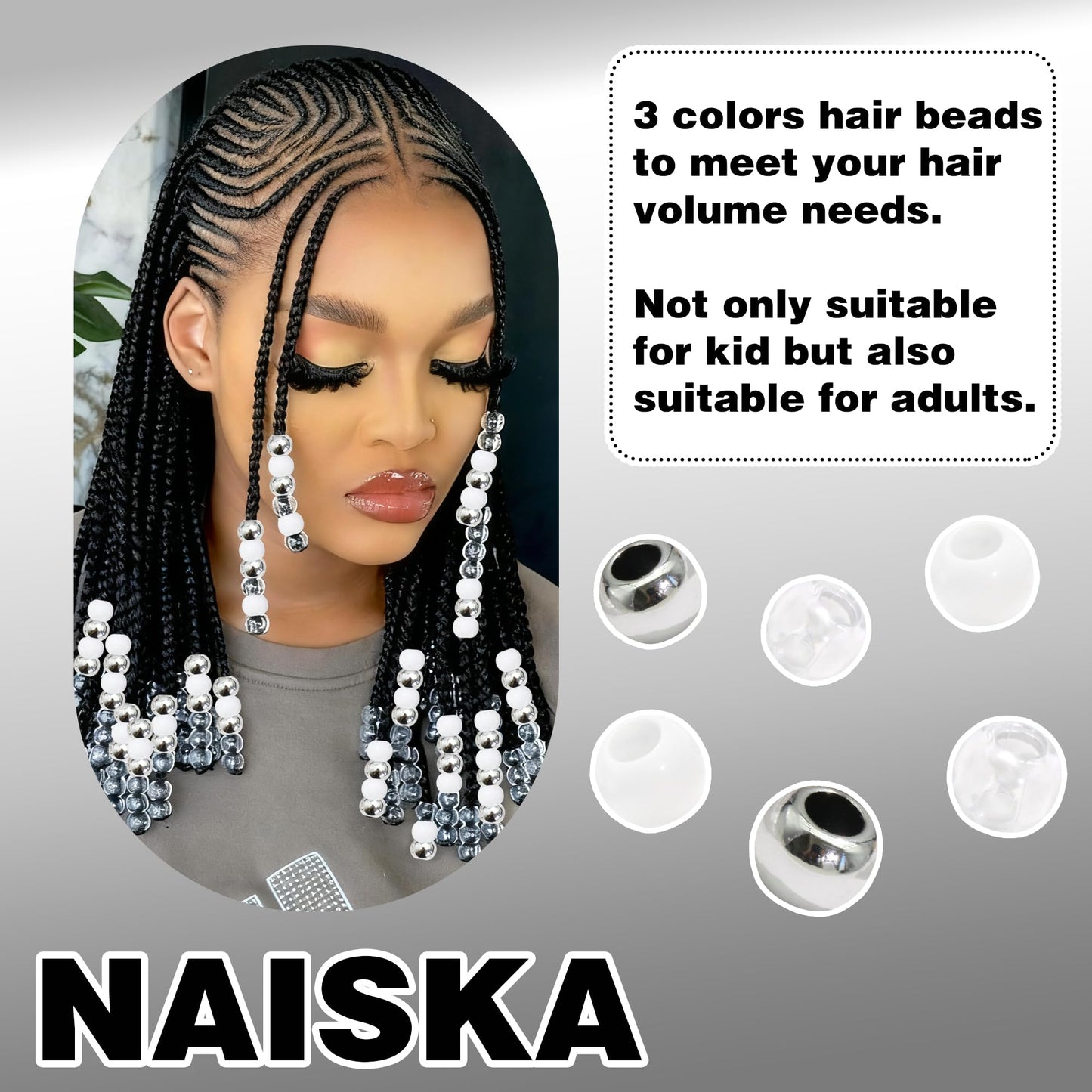 NAISKA 60PCS Clear Hair Beads Acrylic Beads for Braids Round Pony Bead Hair Bead for Kids Girls Silver Dreadlock Hair Decoration Loc Hair Accessories for Unisex