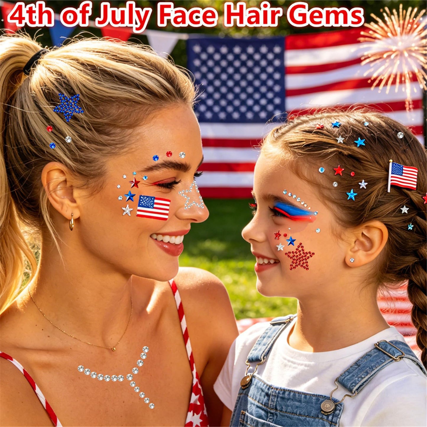 Go Ho 4th of July Star Face Hair Gems,4 Sheets of Self Adhesive Face Jewels for Women,Red White and Blue Gem Stickers Face Eye Rhinestones,Rhinestone Stickers 4th of July Patriotic Gems (02 Style)