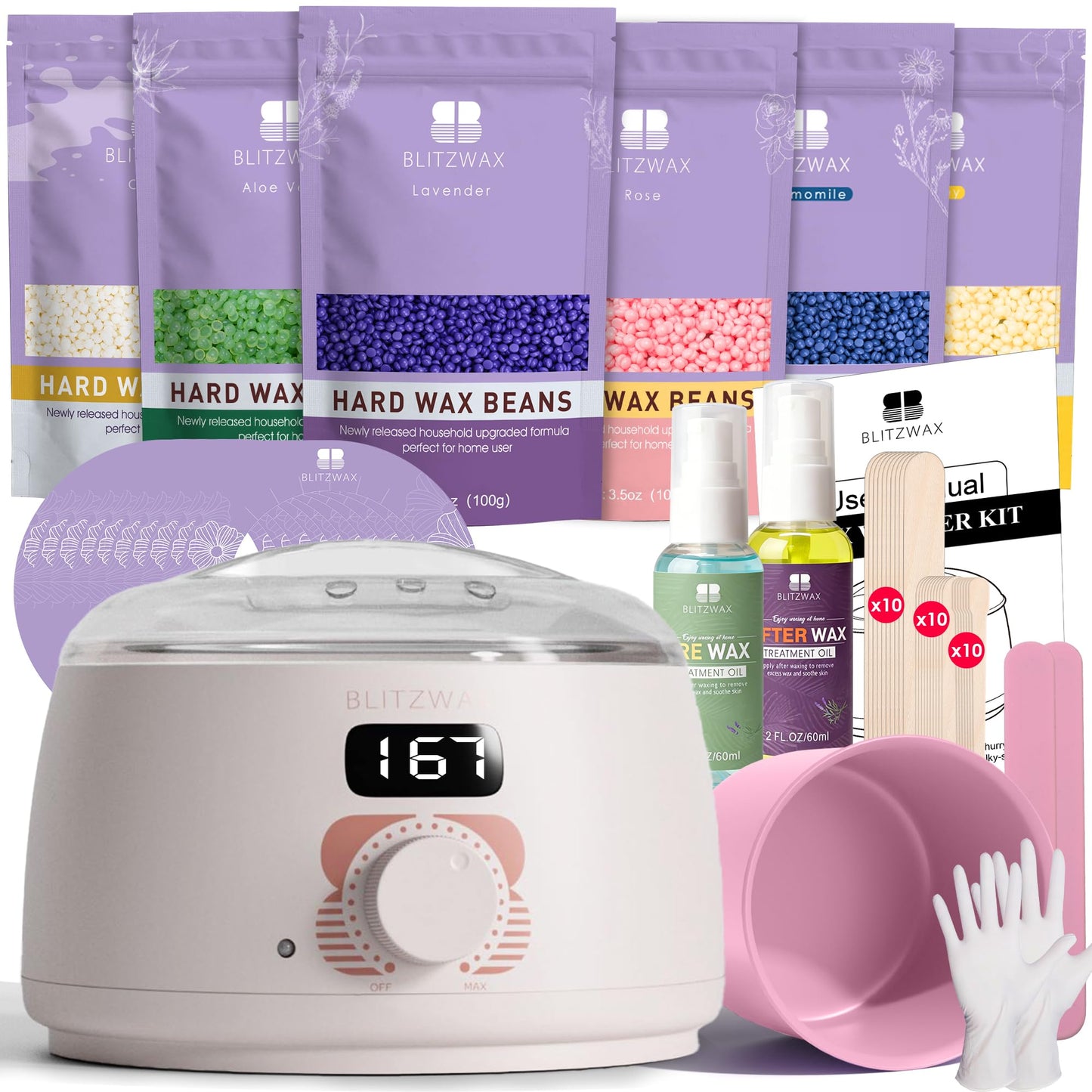 BLITZWAX Brazilian and Bikini Waxing Kit for Women, Hard Wax Warmer for Face, Legs, and Body, At Home Hair Removal Kit, Beginner Friendly, Quick Heating, 6 Packs Wax Beads
