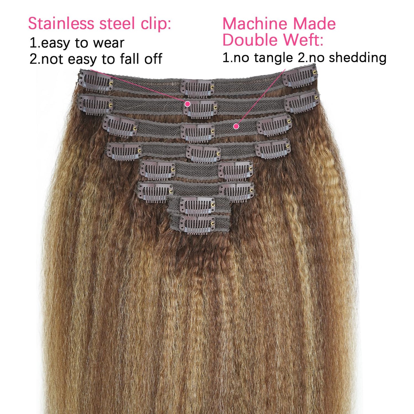 Mihugass Kinky Straight Clip In Hair Extensions Human Hair Clip Ins for Black Women Highlight Balayage Brown Blonde Mix #4/27/4 Full Volume Natural Texture 8pcs 120g 26 Inch