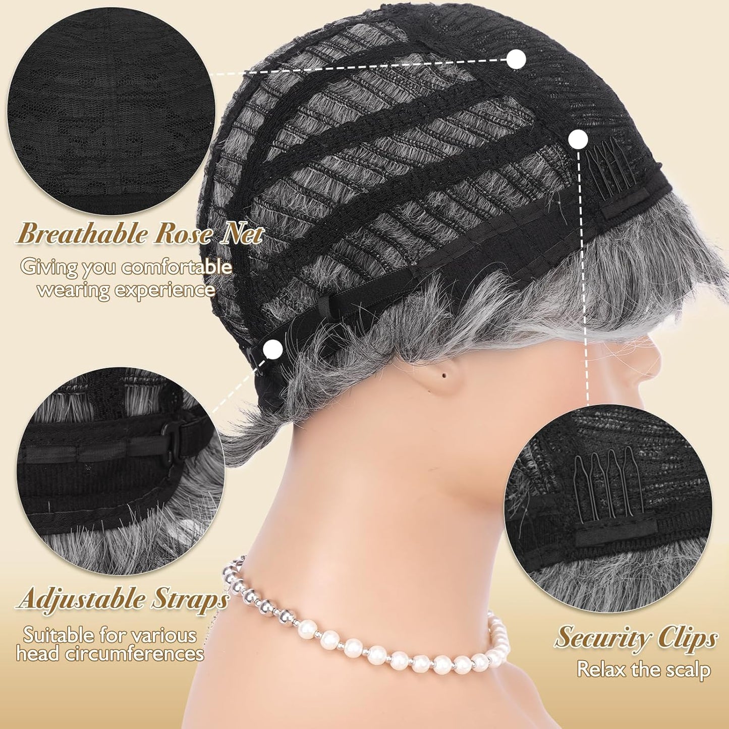 Gray Pixie Wigs for Women - Short Natural Layered Synthetic Hair Wig | Heat Resistant, Gray Mixed Black