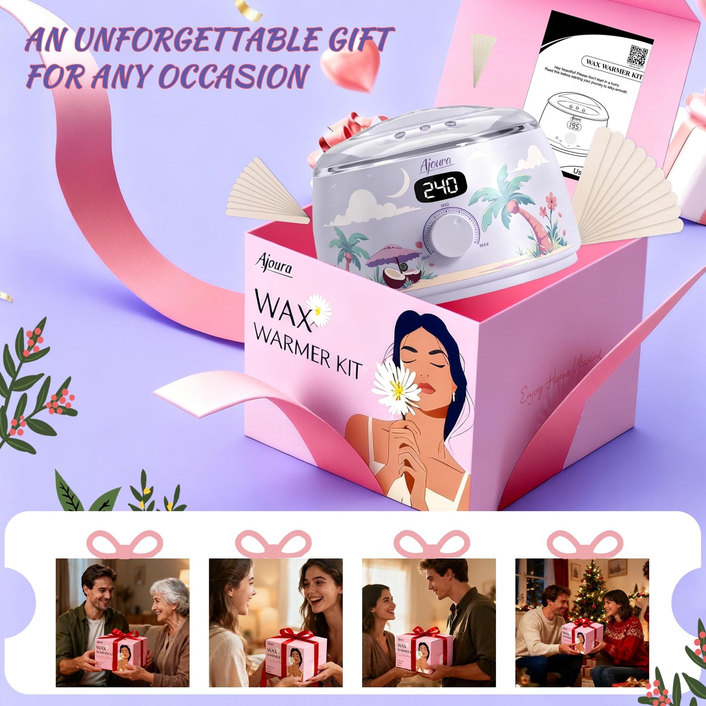 Ajoura Professional Wax Warmer Machine, 16oz Capacity Wax Heater Hair Removal Kit with Digital Temp Control & Fast Heat, Includes 30 Sticks for Face, Legs, Bikini, Brazilian and Body (Light Purple)