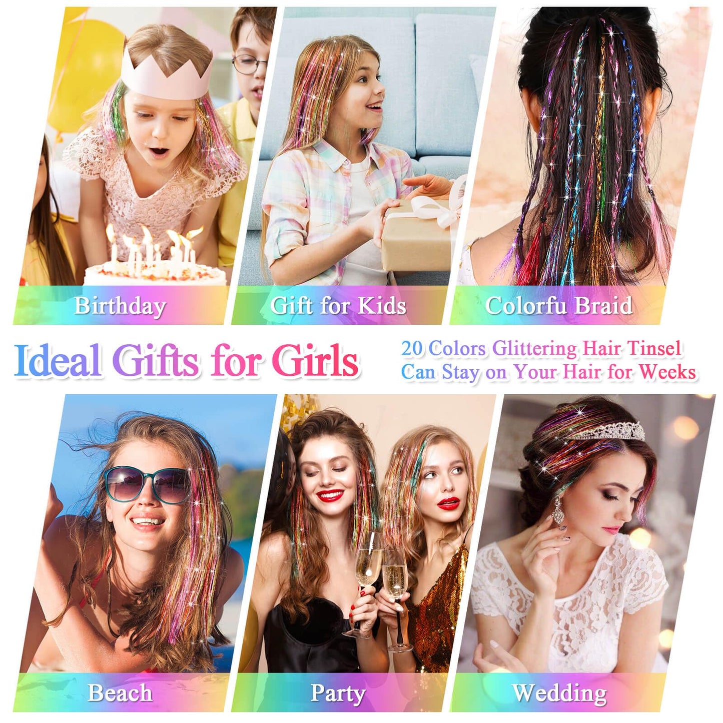 ROADPLUM Hair Tinsel Kit with Tools, 20 Colors 4000 Strands Sparkling Glitter Tinsel Hair, Heat Resistant Shiny Fairy Hair Tinsel Extensions for Women Girls Hair Accessories for Cosplay Party