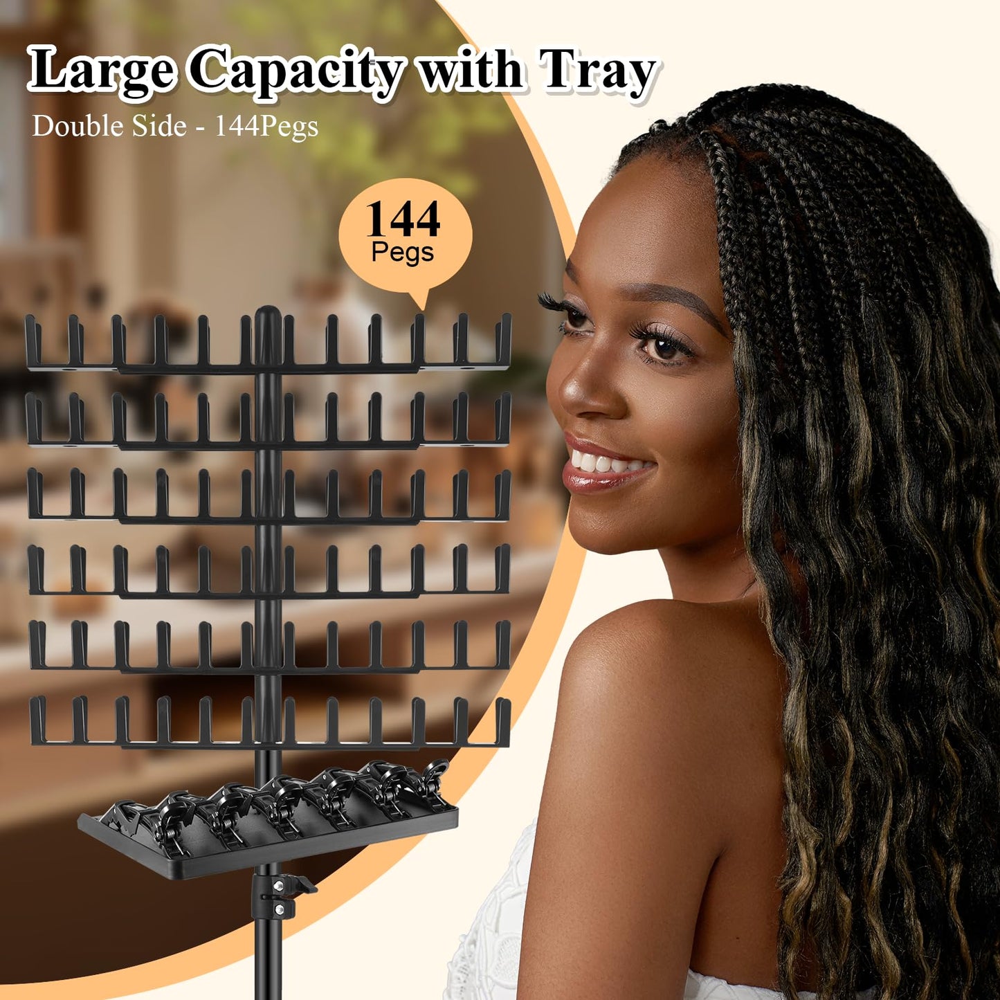 OLMRJKD Braiding Rack with Tray, 144 Pegs Height Adjustable, 2-side Hair Extension Holder, Hair Stand with Stylist Tools for Salon/Home/Travel (Black)