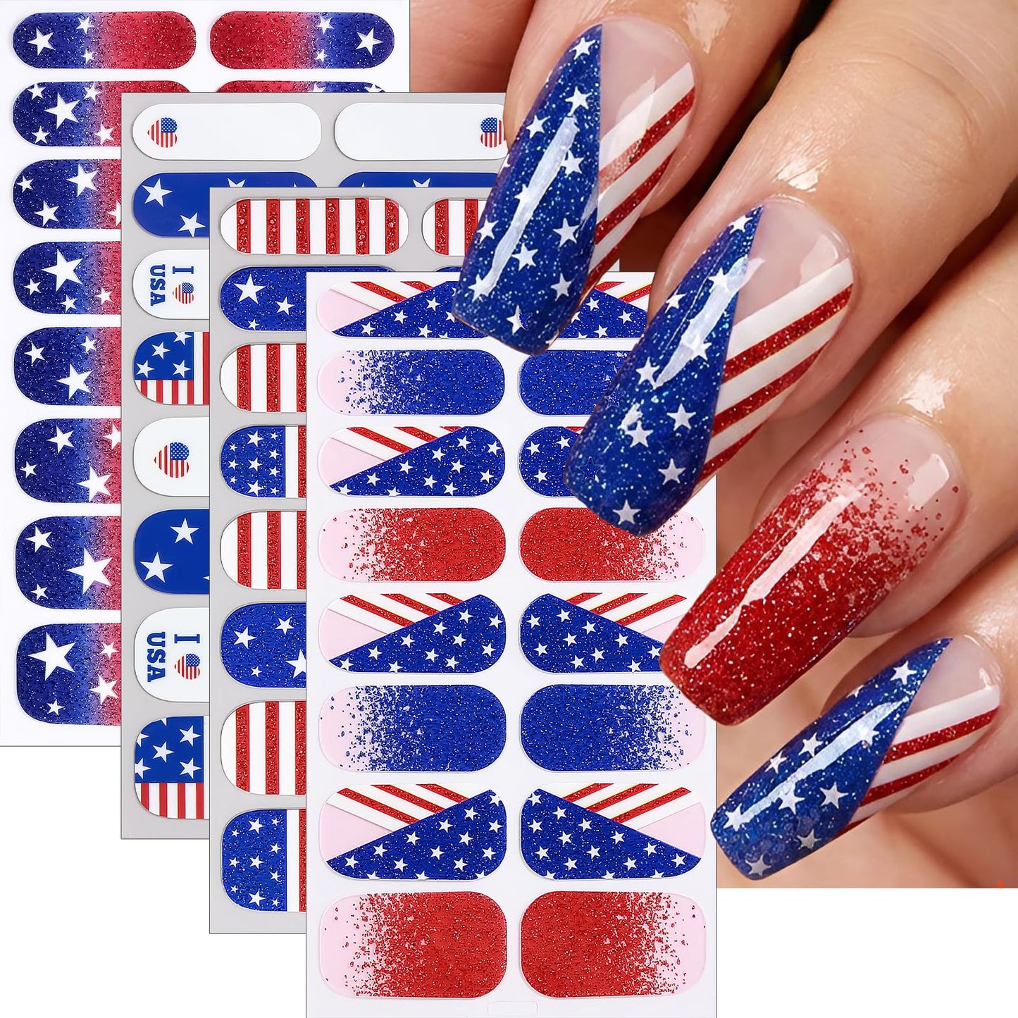 4 Sheets 4th of July Nail Wraps for Woman - Patriotic Full Cover Red White Blue Glitter Stars Stripes Self-Adhesive French Nail Polish Strips Independence Day Memorial Day Veterans Day Party Gift Set