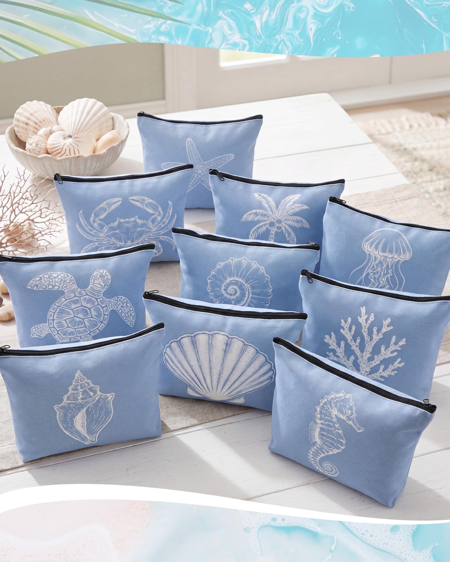Bulyoou 10 Pcs Ocean Themed Blue Cosmetic Bags Bulk Zipper Pouch Makeup Bag for Women Girls Sea Weekend Travel Vacation Trip Gifts Supplies Nautical Party Favors Beach Accessories
