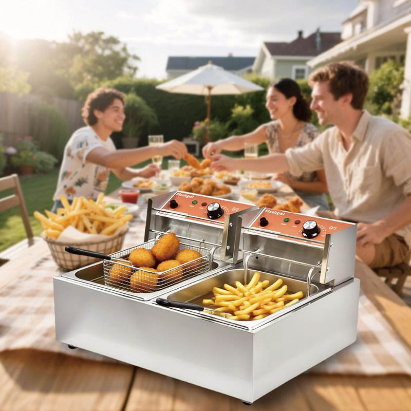 Commercial Deep Fryer with Basket 6-12L Capacity Adjustable Temperature and Timer Stainless Steel With lid Suitable for home/commercial/camping/outdoor (Double fry basket)