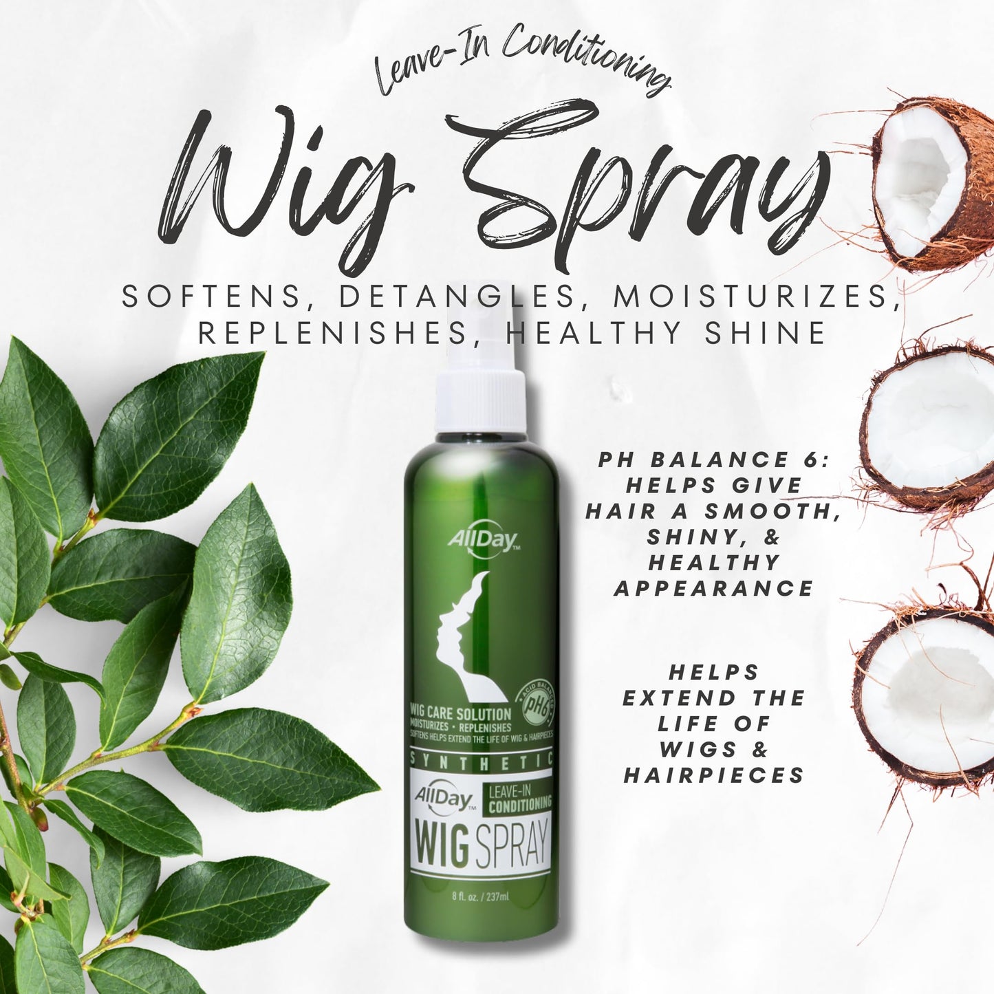 AllDay Locks Synthetic Wig Spray - Refreshing Leave-In Conditioner for Synthetic Hair, Detangler & Cleanser Spray for Wigs, for Women and Men, Nourishes & Softens Fibers - 8 oz Bottle