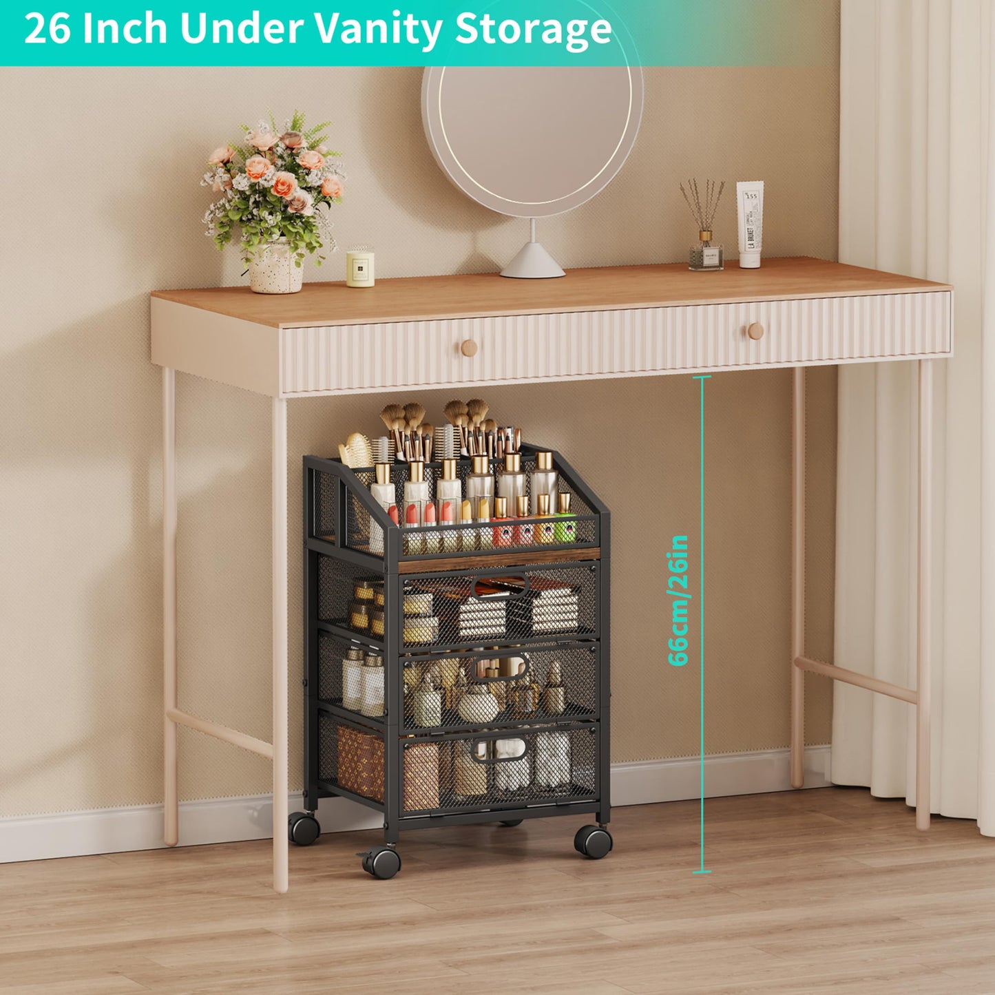 HapiRm Rolling Makeup Organizer Cart- Under Desk Vanity Storage with 3 Drawers, Floor Nail Cart Skincare Organizers Cosmetics Display Cases for Nail Polish Perfume Makeup Brush Hair Tool, Black