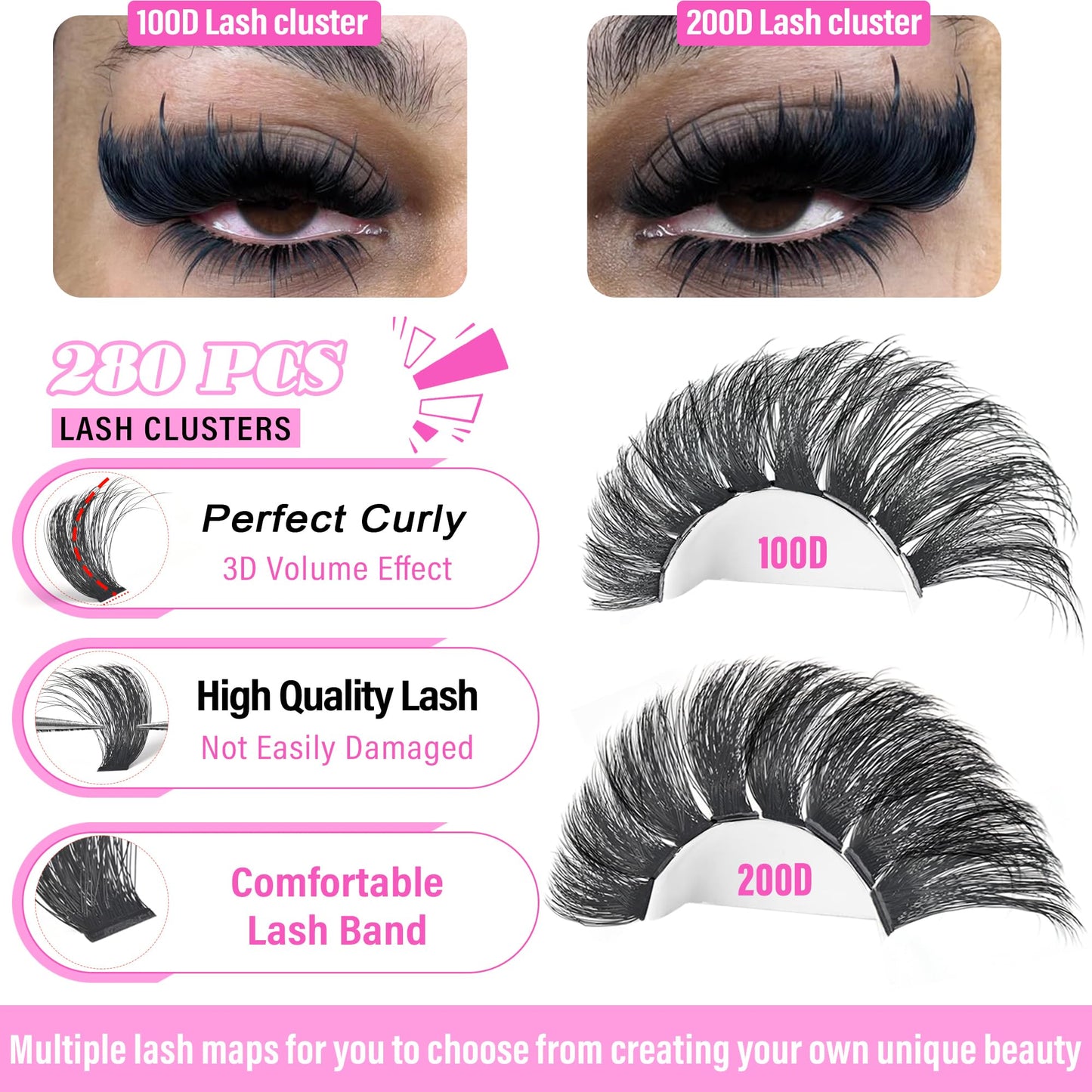 Volume Lash Clusters 100D+200D Mega Lashes Clusters 12-25mm Wispy Individual Lashes Cluster Eyelash Extensions DIY Lash Extension Replacement for Yaiseiko(280Pcs)