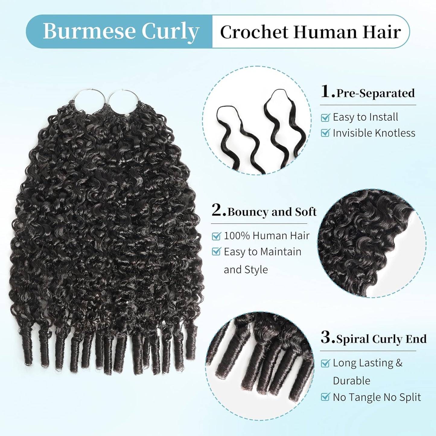 Burmese Curly Crochet Hair - 12 Inch 120g Pre-Separated Bundles | Natural Black for Black Women