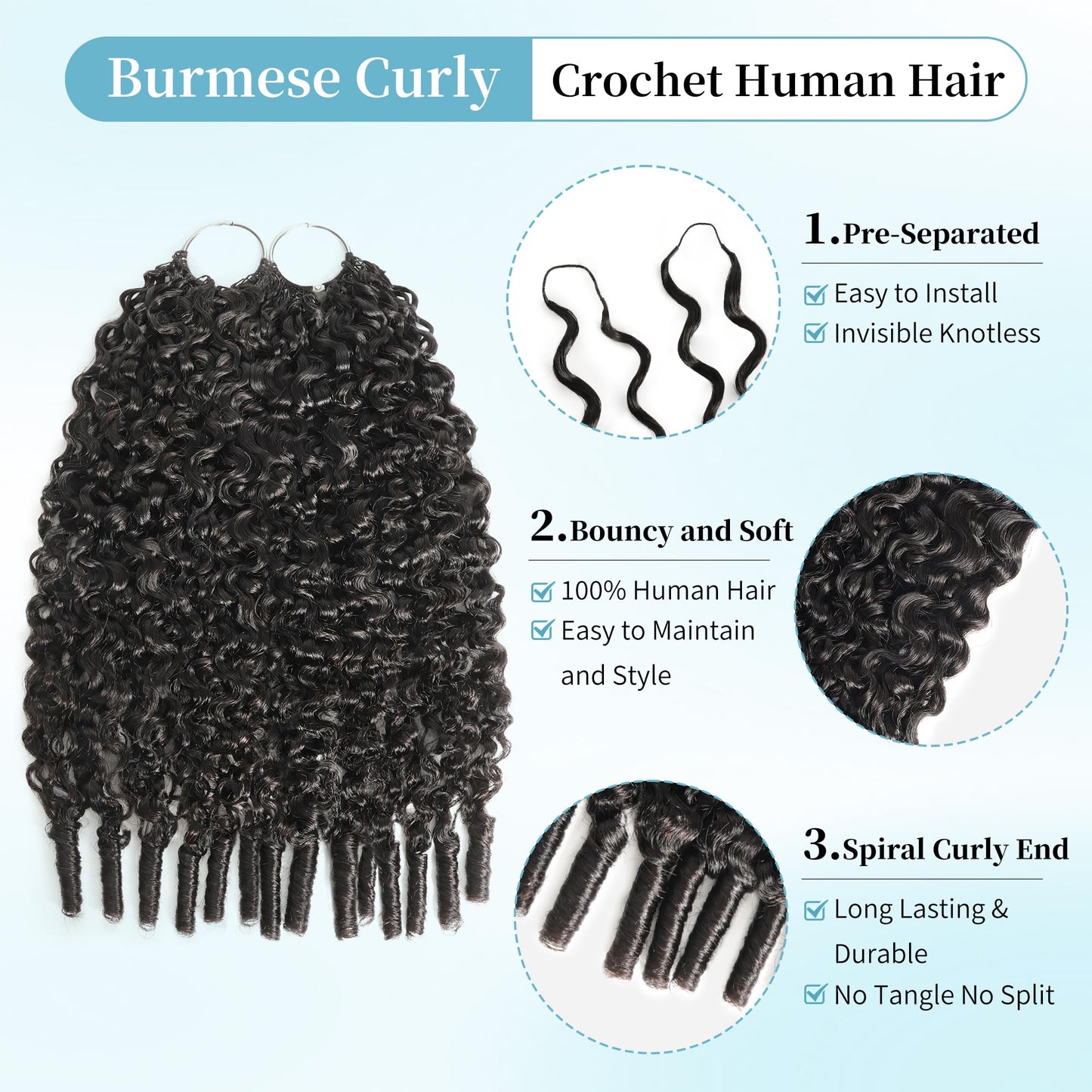 KULYMUWIG Burmese Curly Crochet Human Hair 14 Inch 120g Pre-Separated Feather Human Crochet Hair Bundles Miracle Knots Crochet Hair for Black Women Natural Black