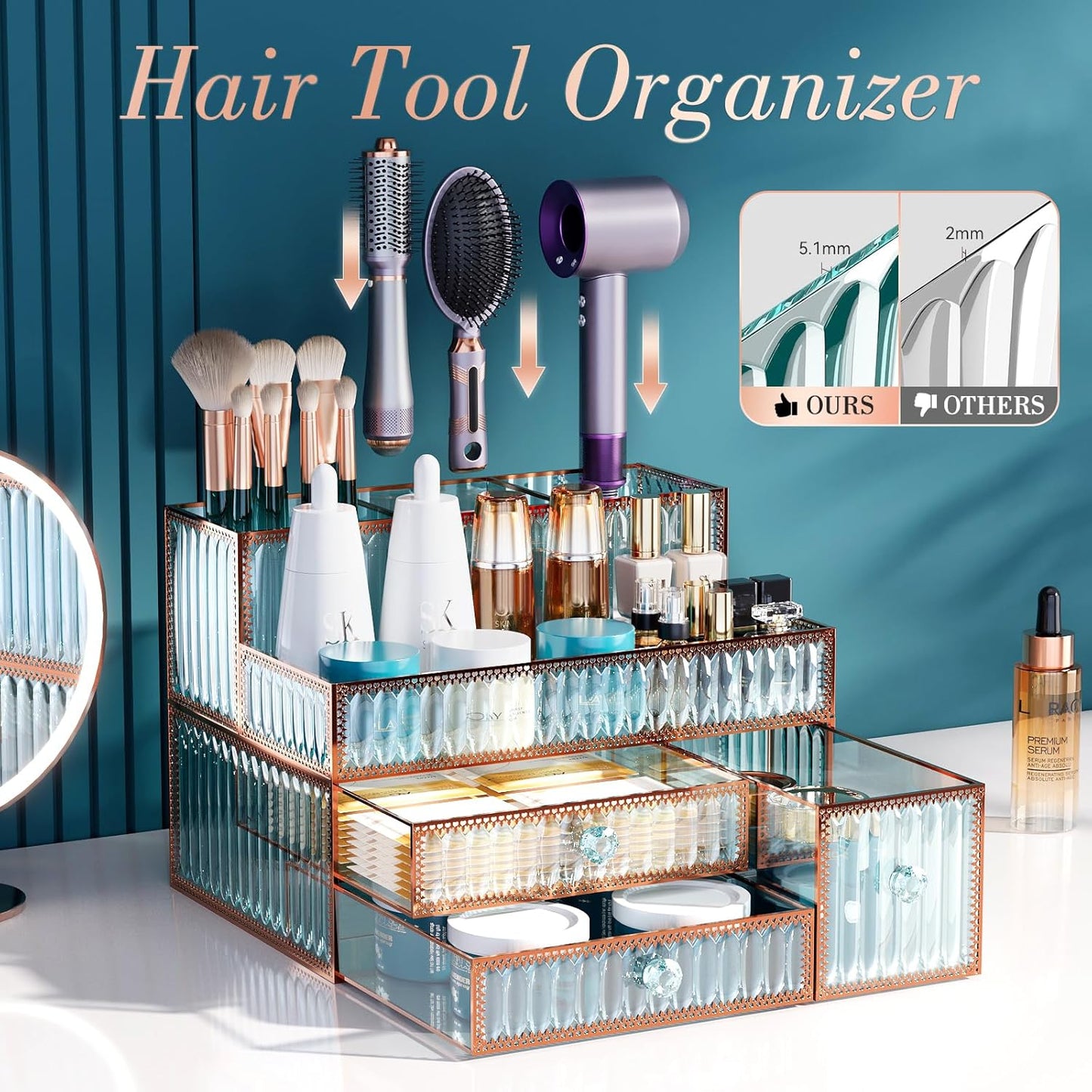 Makeup Organizer - Tempered Glass Vanity Storage for Cosmetics, Skincare & Hair Tools | Multipurpose Countertop Organizer