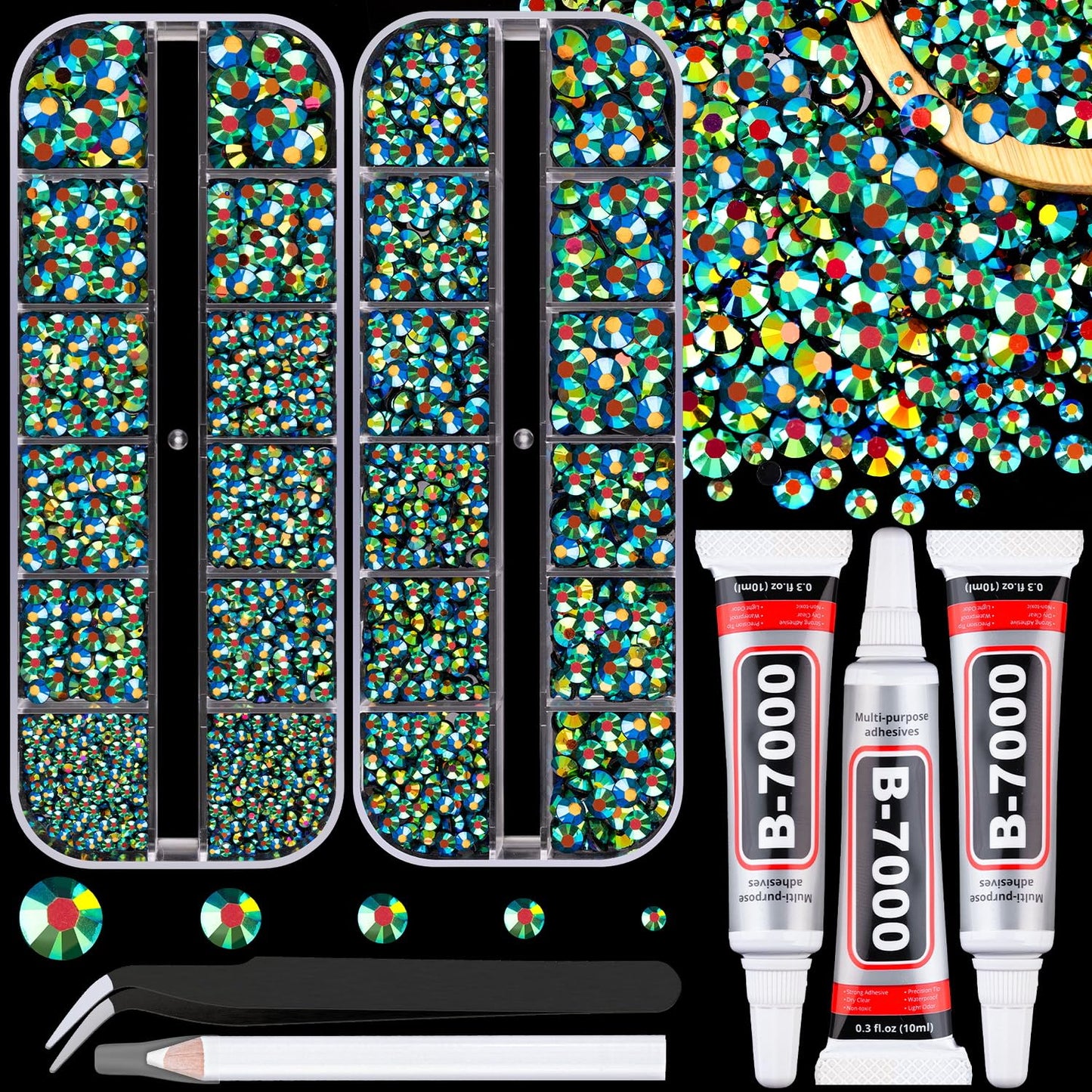 Resin Rhinestones - 32000 Pcs Flatback Gems for Bedazzling | Silver Clear Crystal Kit with 3 Pcs B7000 Glue for Nail Art & Crafts