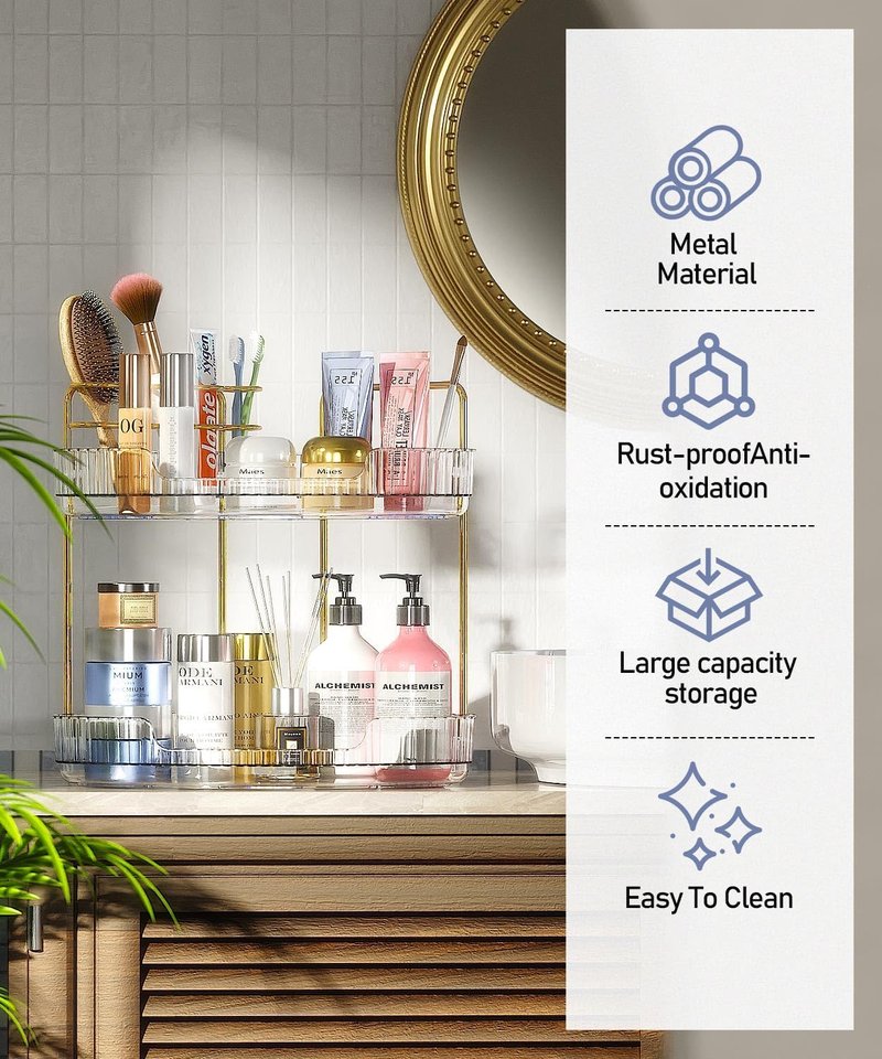 Acrylic 2-Tier Corner Bathroom Organizer - Makeup & Skincare Storage with Brush Holder | Clear
