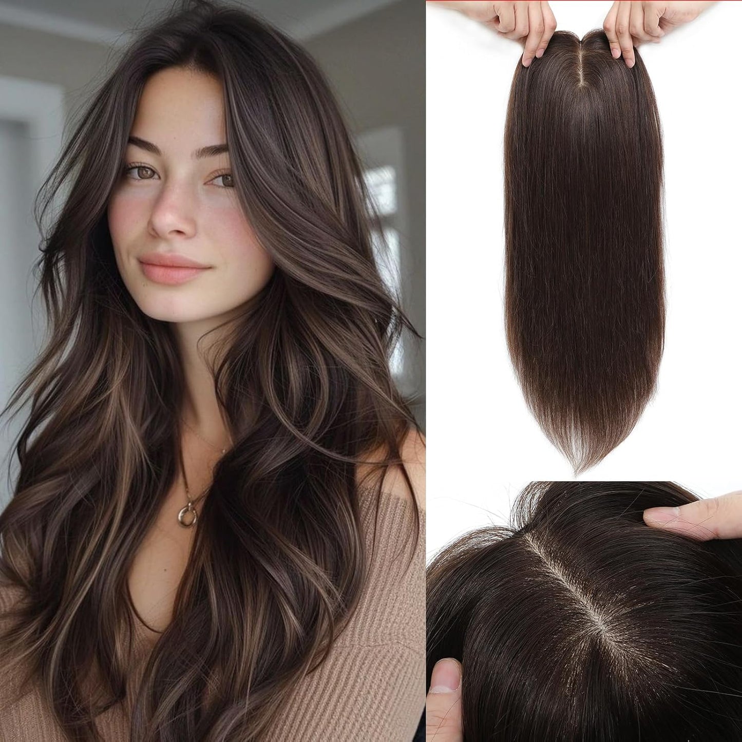 Aimeolyn Hair Toppers for Women - 16-Inch Real Human Hair | 8x8 Inch Big Base Coverage