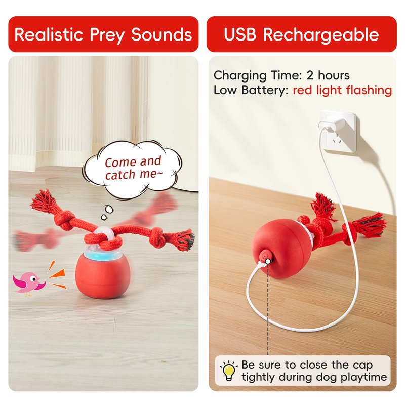 Potaroma Interactive Dog Ball Toys Touch Activated, Rechargeable, Squeaky Dog Toy, Moving Ball for Pup with Rope for Medium Small Dogs Puppy Dark Red