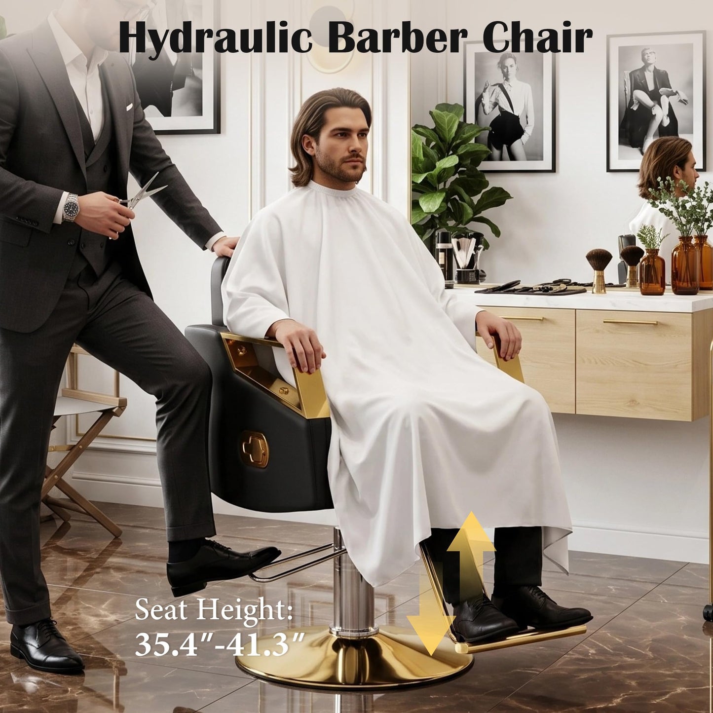 Hicomony Salon Barber Chair, Salon Chair for Hair Stylist, Hydraulic Styling Stylist Chair with PU Leather, Chair for Home Barbershop Spa, Black Gold